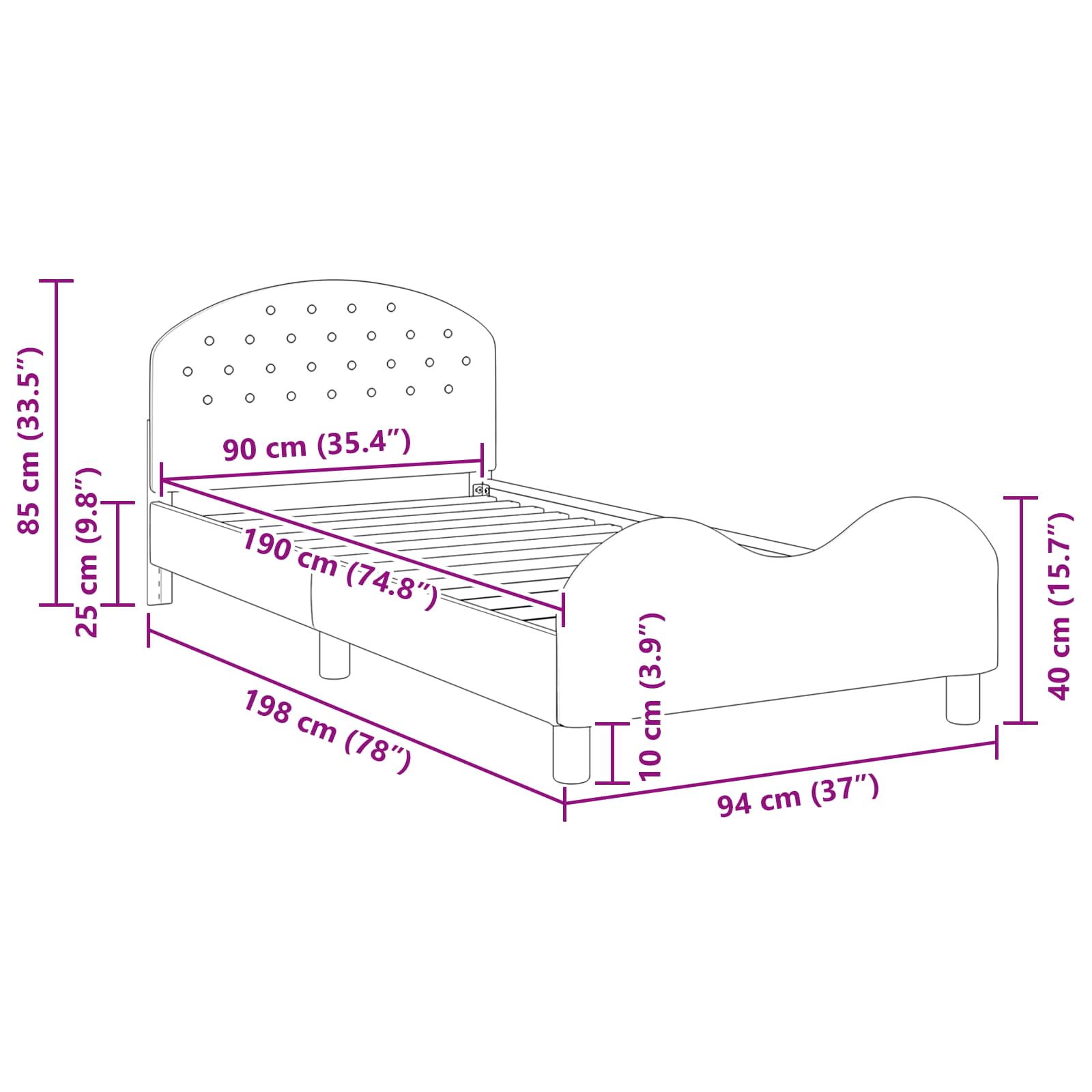 Barnsängram med sänggavel Lila 90 x 190 cm Sammet