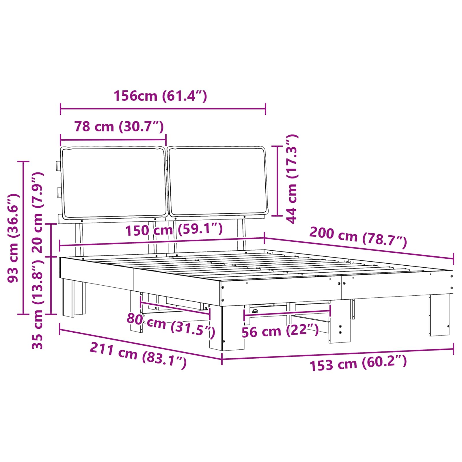 Sängram med Klädd Huvudgavel Svart 150 x 200 cm Massiv furu