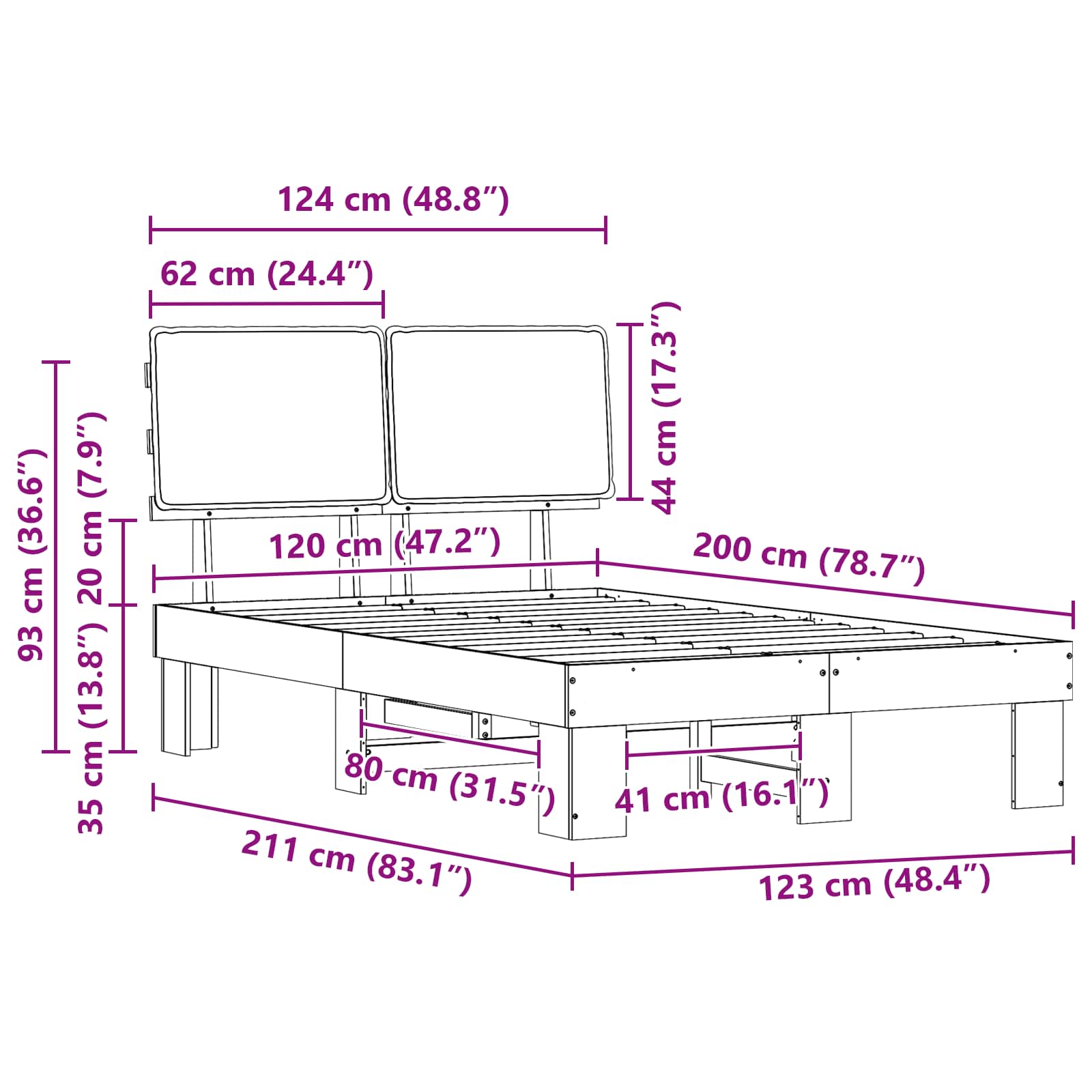 Sängram med Klädd Huvudgavel Svart 120 x 200 cm Massiv furu