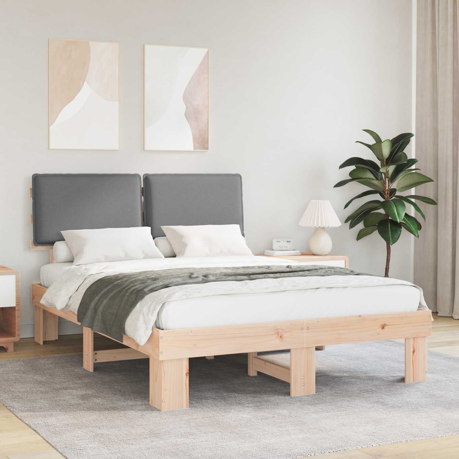 Sängram med Klädd Huvudgavel Ljusgrå 140 x 190 cm Massiv furu