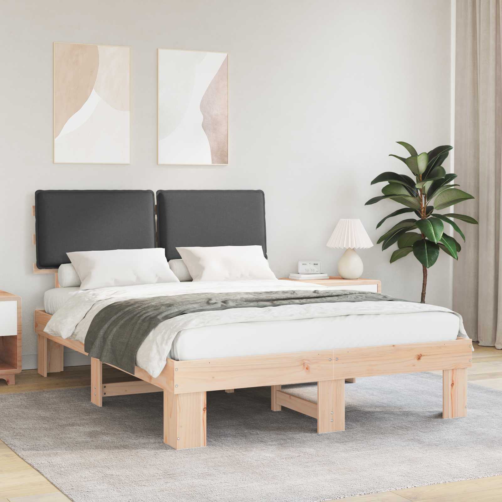 Sängram med Klädd Huvudgavel Mörkgrå 140 x 190 cm Massiv furu