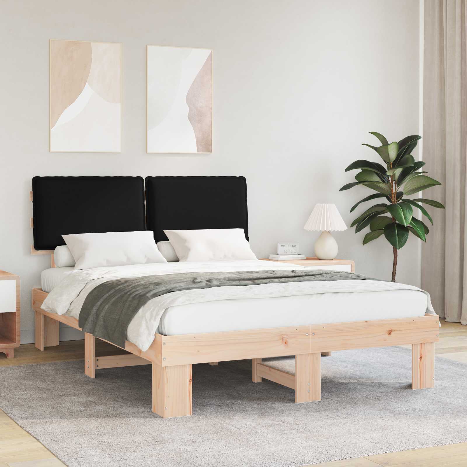 Sängram med Klädd Huvudgavel Svart 140 x 190 cm Massiv furu