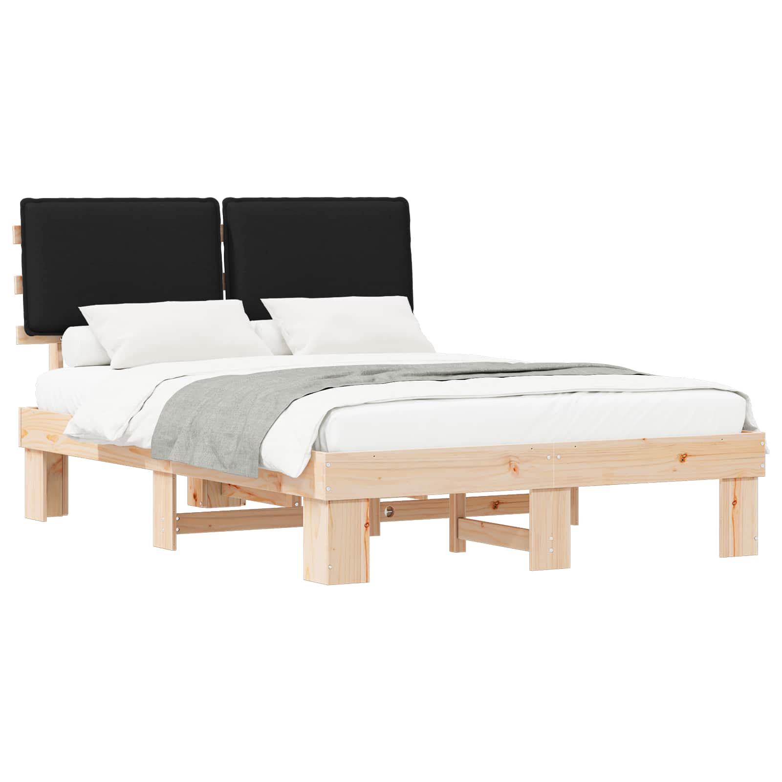 Sängram med Klädd Huvudgavel Svart 140 x 190 cm Massiv furu