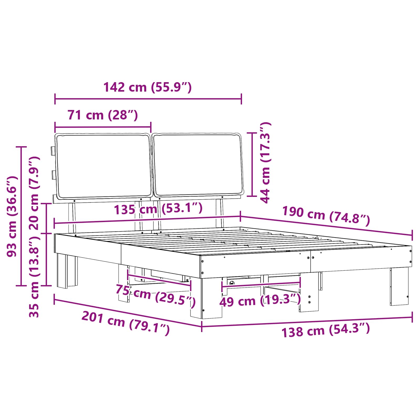 Sängram med Klädd Huvudgavel Ljusgrå 135 x 190 cm Massiv furu