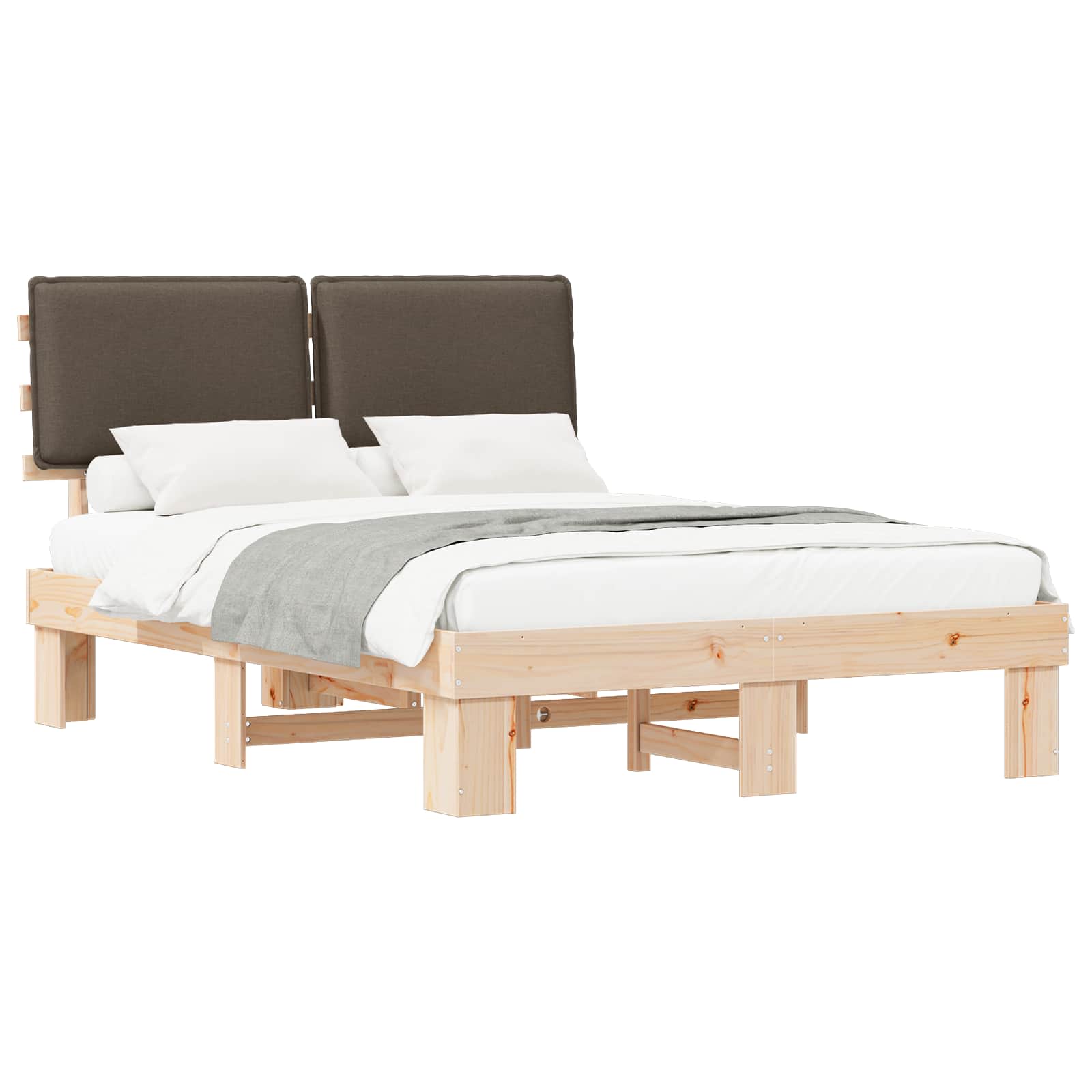 Sängram med Klädd Huvudgavel Taupe 135 x 190 cm Massiv furu