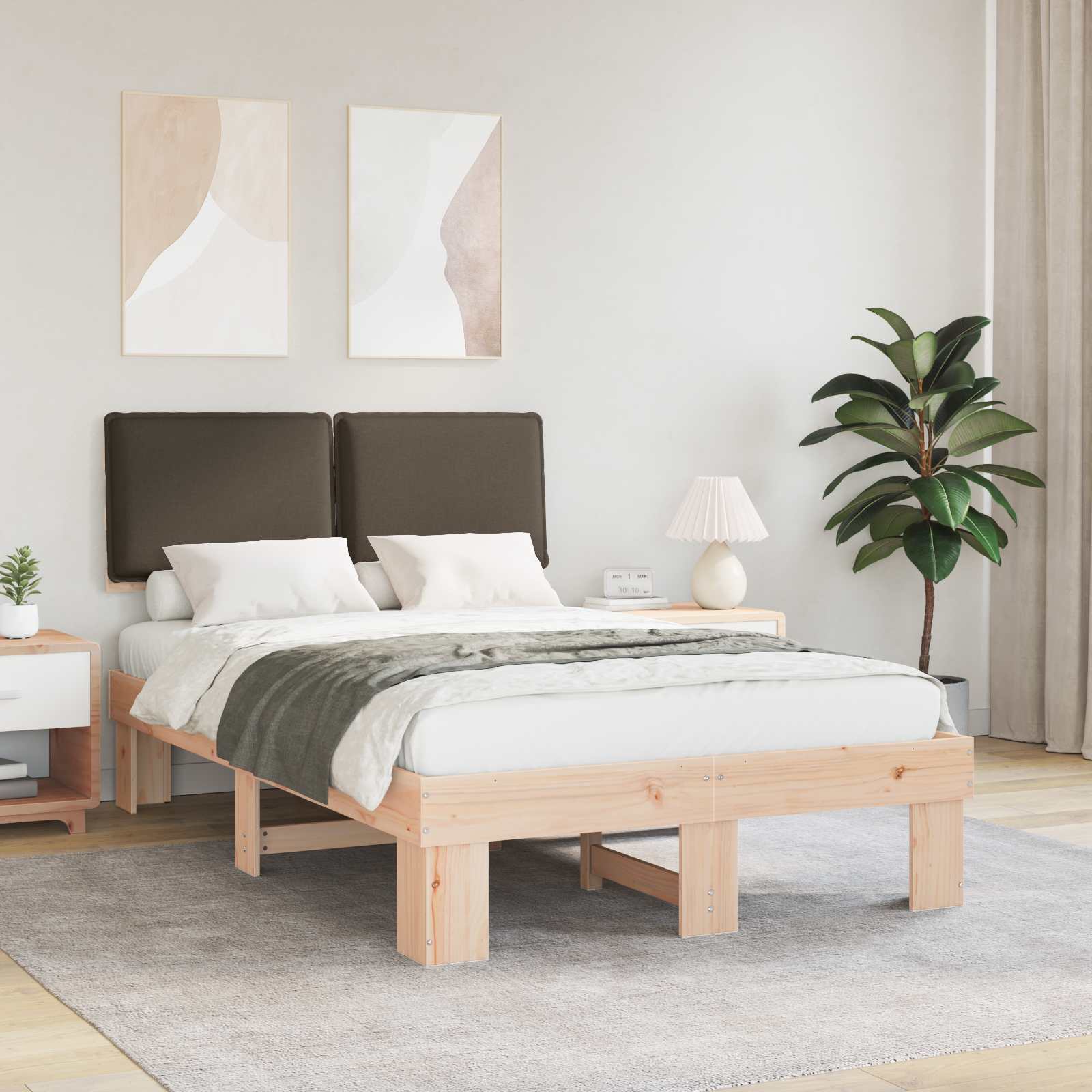 Sängram med Klädd Huvudgavel Taupe 120 x 190 cm Massiv furu