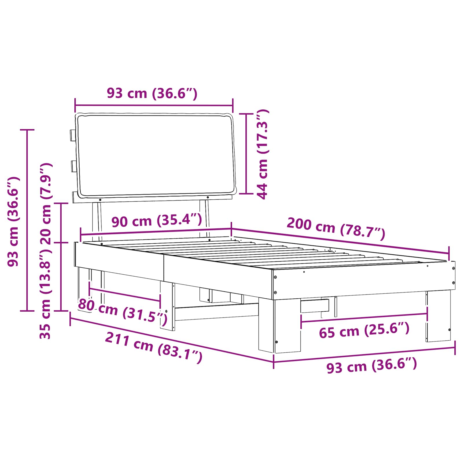 Sängram med Klädd Huvudgavel Ljusgrå 90 x 200 cm Massiv furu