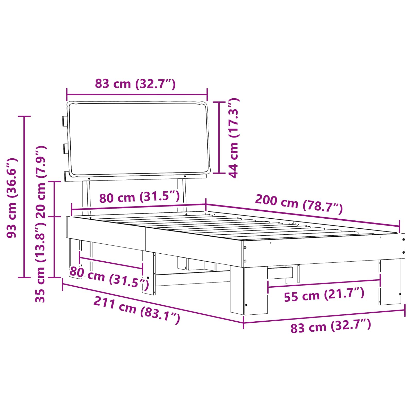 Sängram med Klädd Huvudgavel Svart 80 x 200 cm Massiv furu