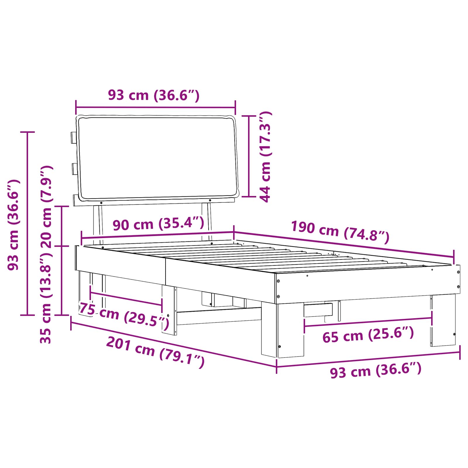 Sängram med Klädd Huvudgavel Ljusgrå 90 x 190 cm Massiv furu