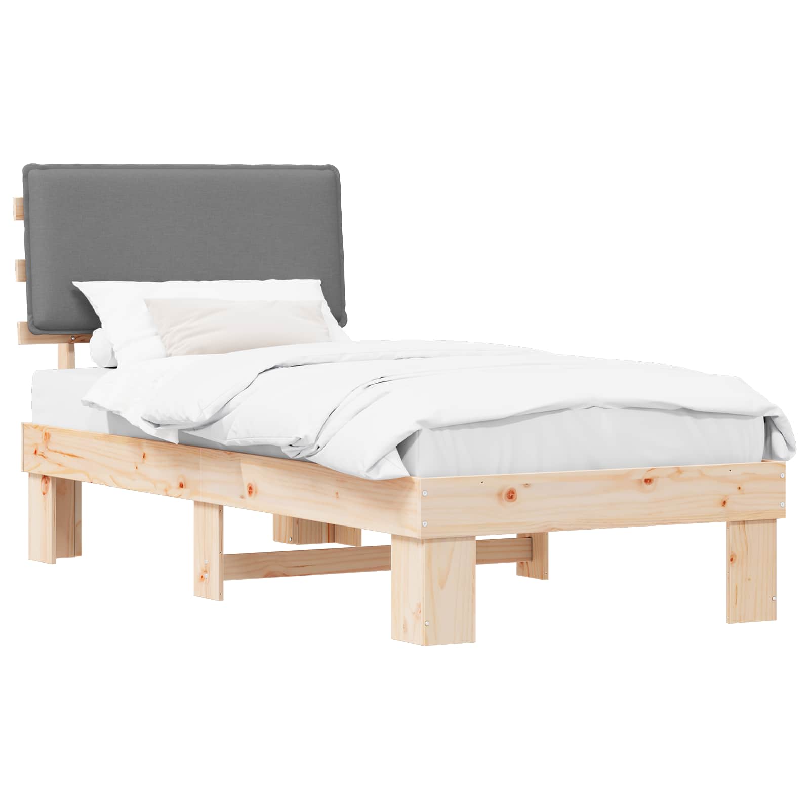 Sängram med Klädd Huvudgavel Ljusgrå 75 x 190 cm Massiv furu