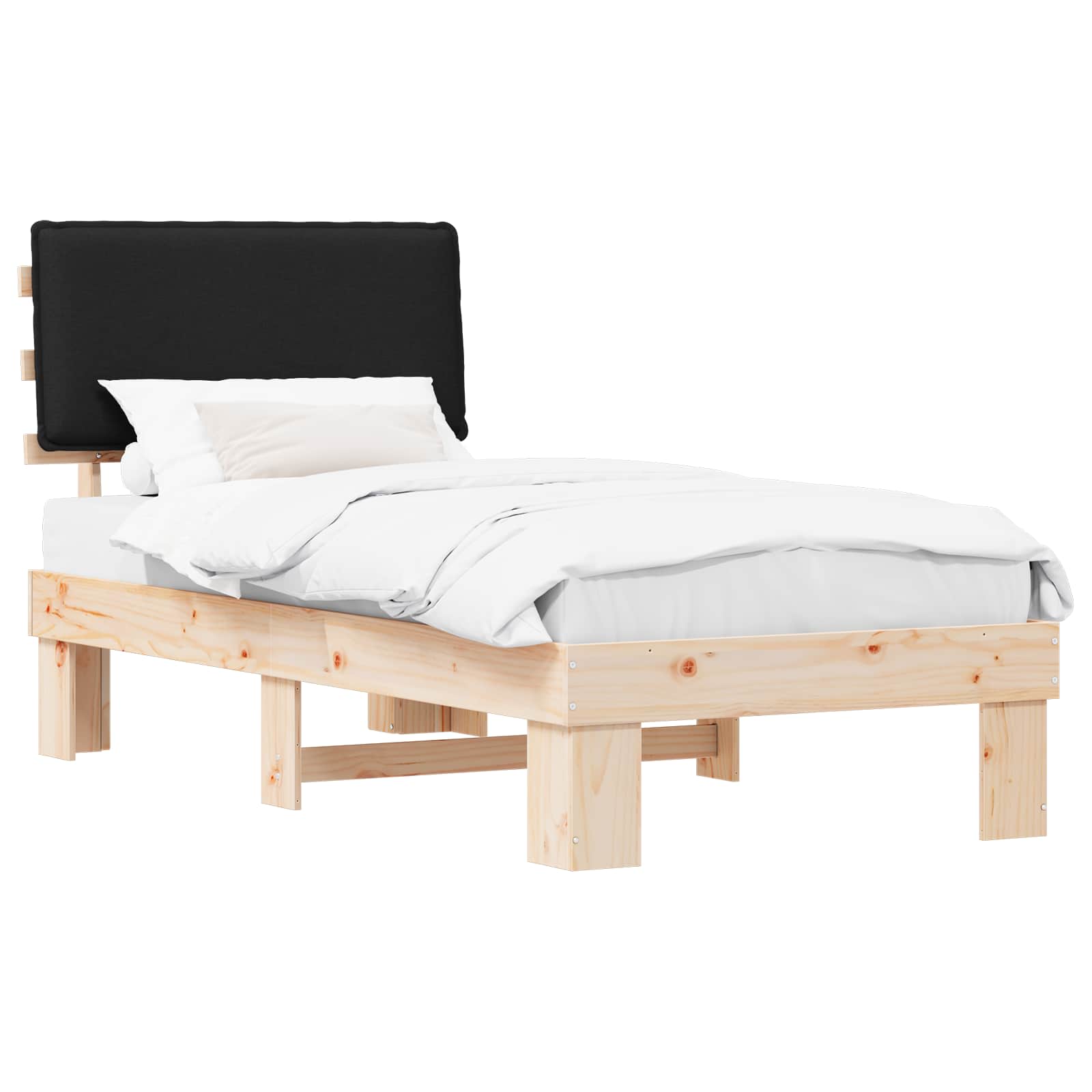 Sängram med Klädd Huvudgavel Svart 75 x 190 cm Massiv furu