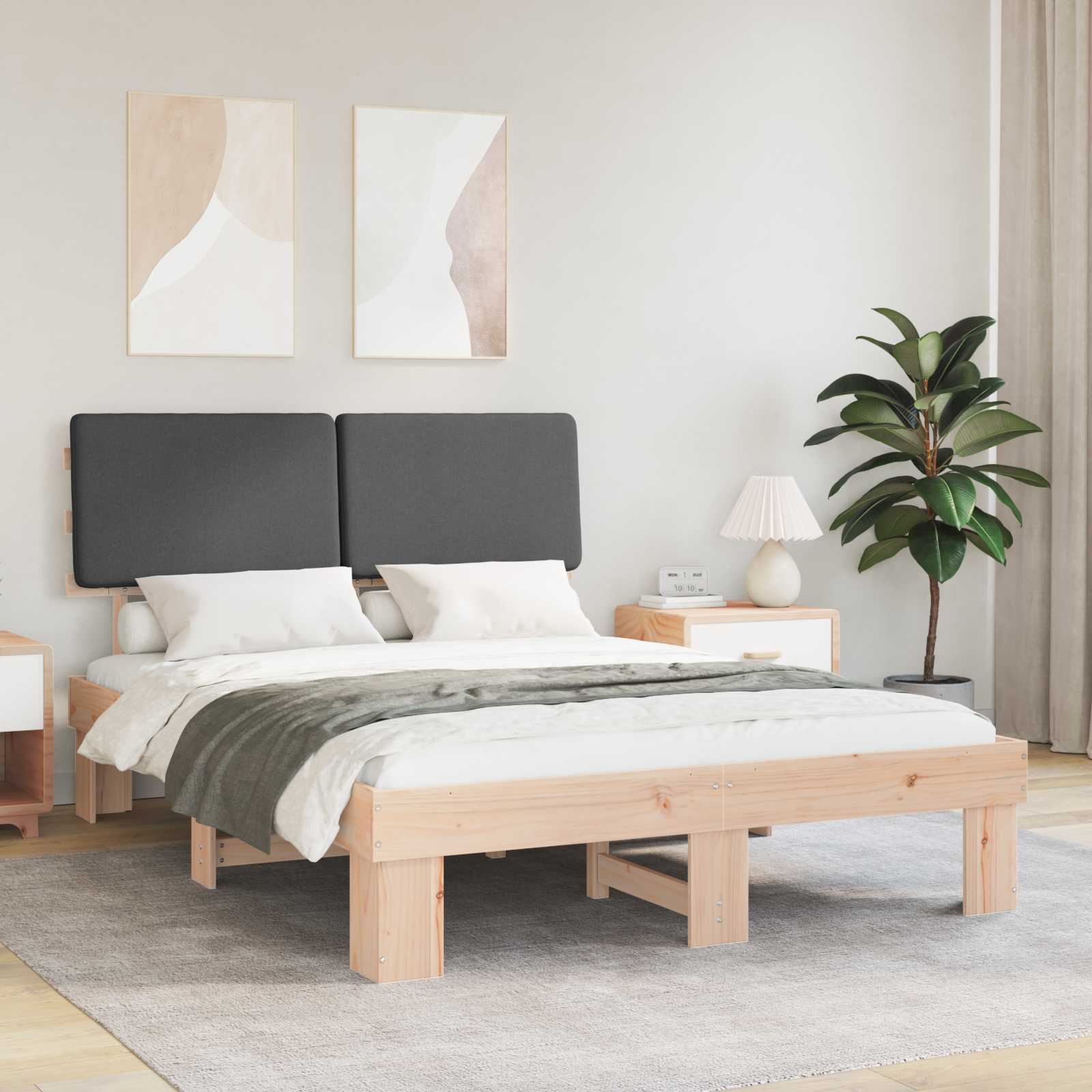 Sängram med Klädd Huvudgavel Mörkgrå 160 x 200 cm Massiv furu