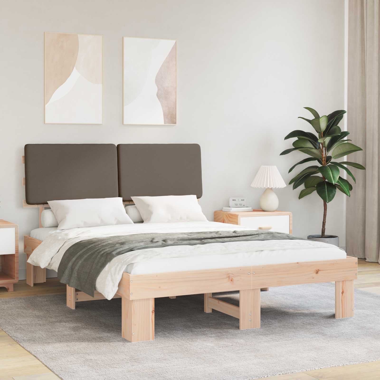 Sängram med Klädd Huvudgavel Taupe 160 x 200 cm Massiv furu