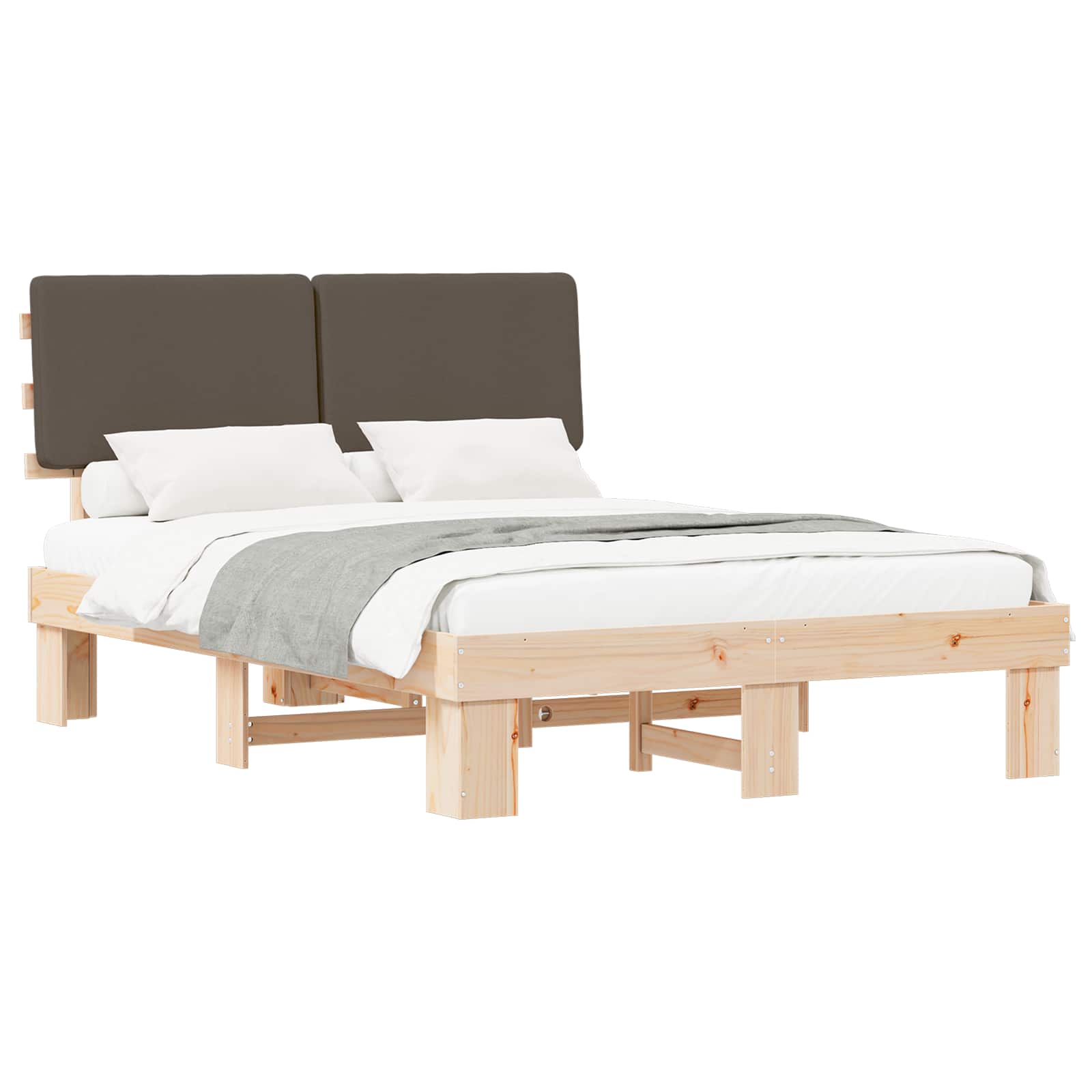 Sängram med Klädd Huvudgavel Taupe 160 x 200 cm Massiv furu