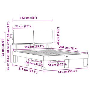 Sängram med Klädd Huvudgavel Svart 140 x 200 cm Massiv furu