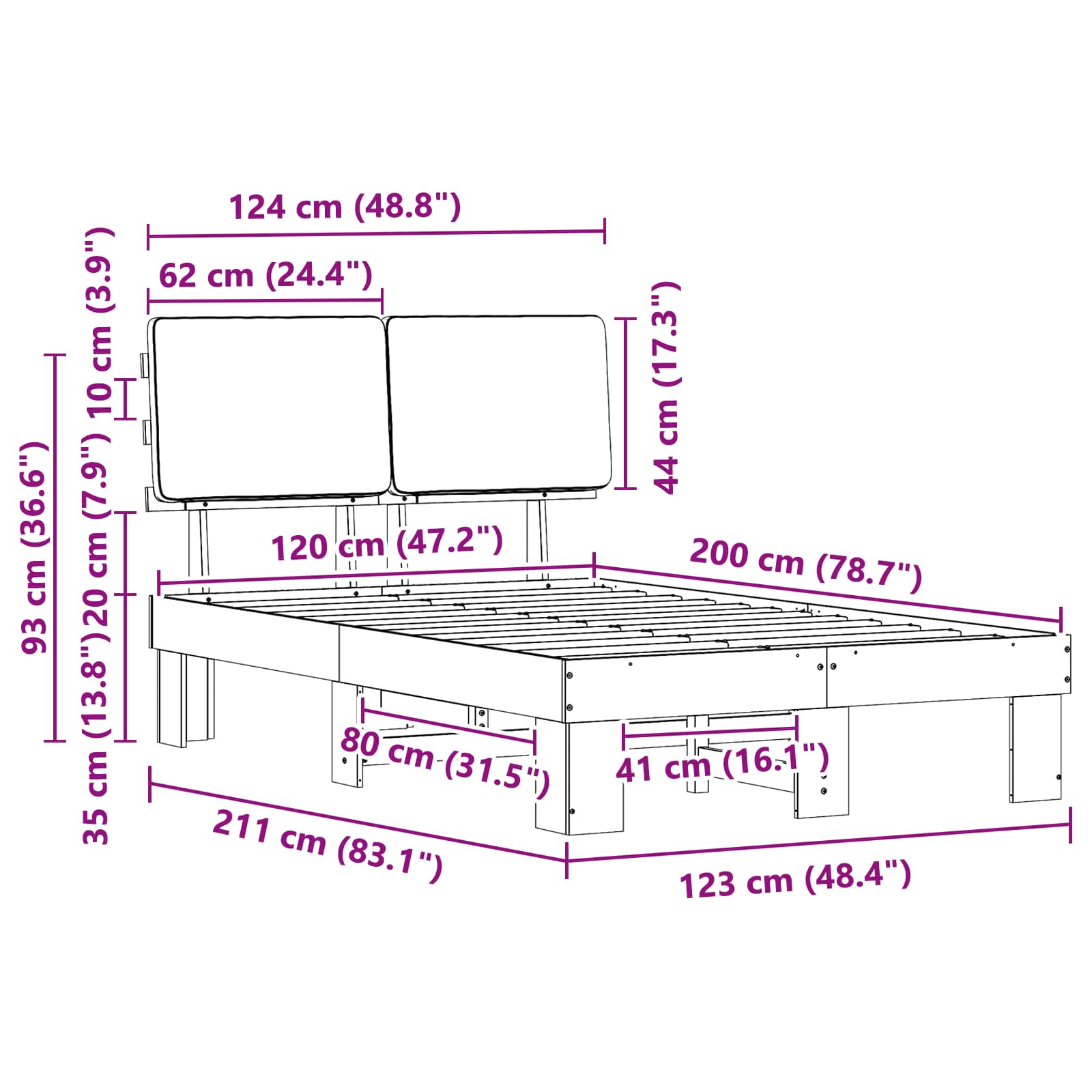 Sängram med Klädd Huvudgavel Ljusgrå 120 x 200 cm Massiv furu