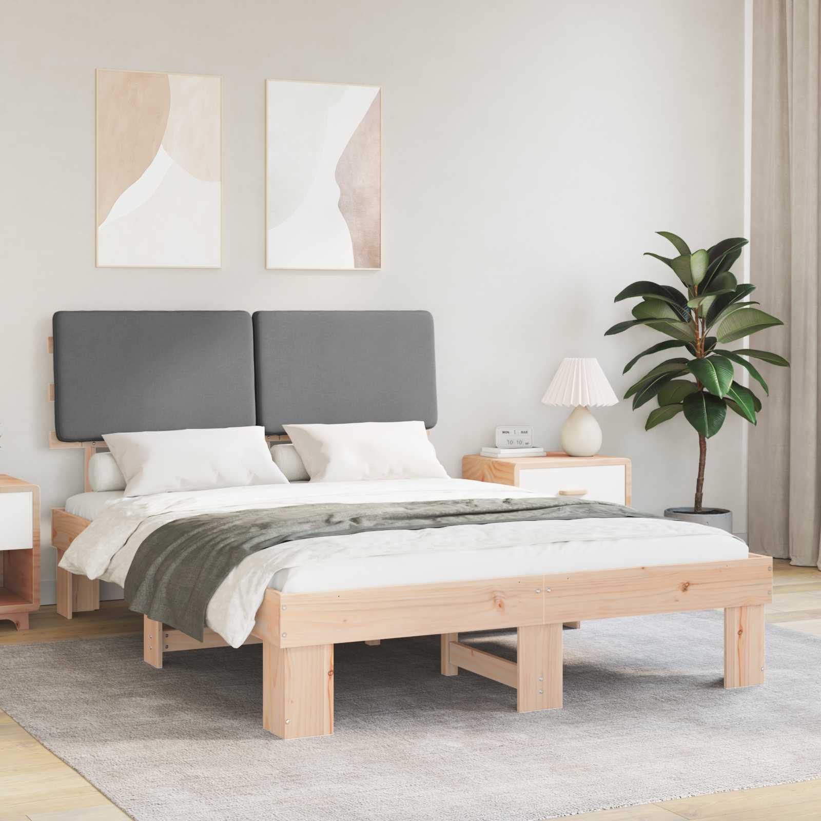 Sängram med Klädd Huvudgavel Ljusgrå 140 x 190 cm Massiv furu