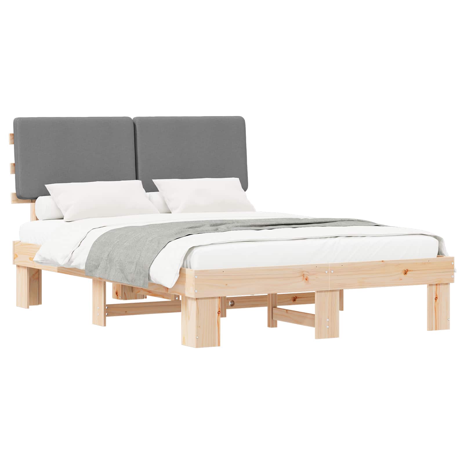 Sängram med Klädd Huvudgavel Ljusgrå 140 x 190 cm Massiv furu