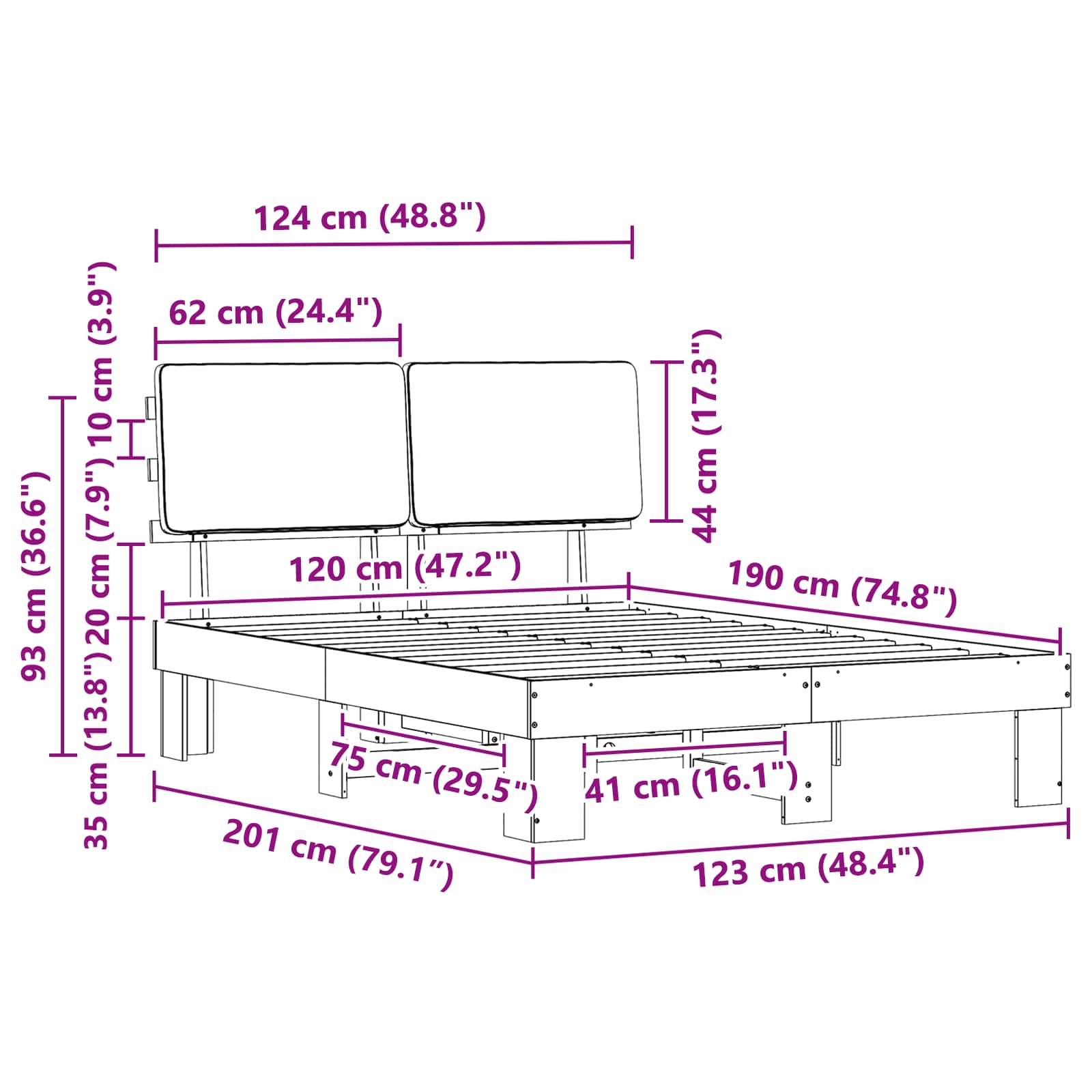 Sängram med Klädd Huvudgavel Ljusgrå 120 x 190 cm Massiv furu