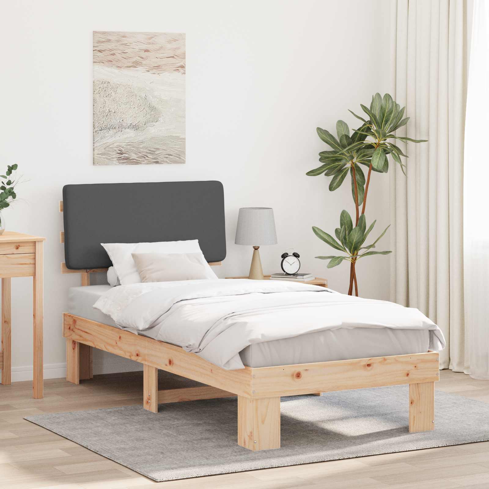 Sängram med Klädd Huvudgavel Mörkgrå 100 x 200 cm Massiv furu