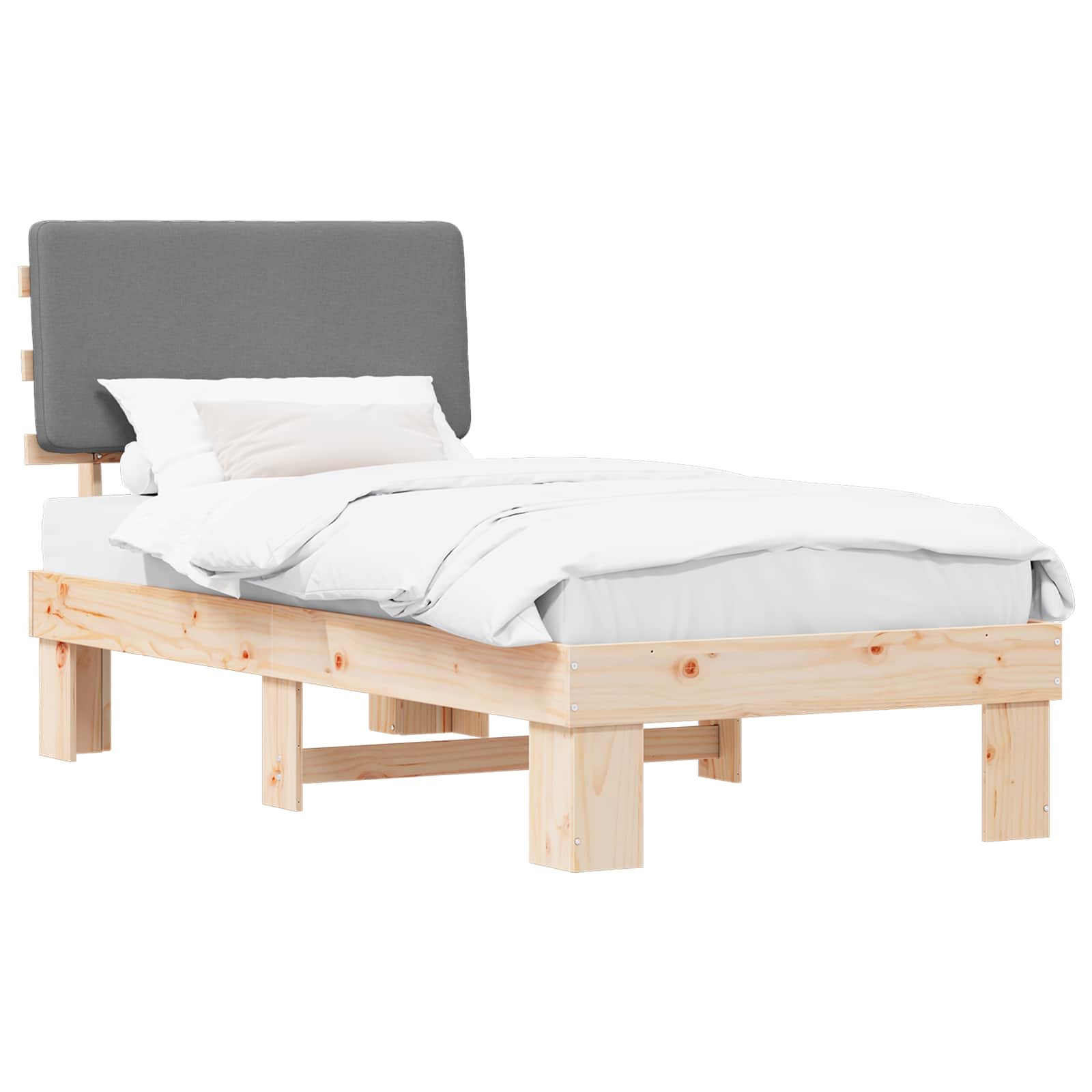 Sängram med Klädd Huvudgavel Ljusgrå 90 x 200 cm Massiv furu