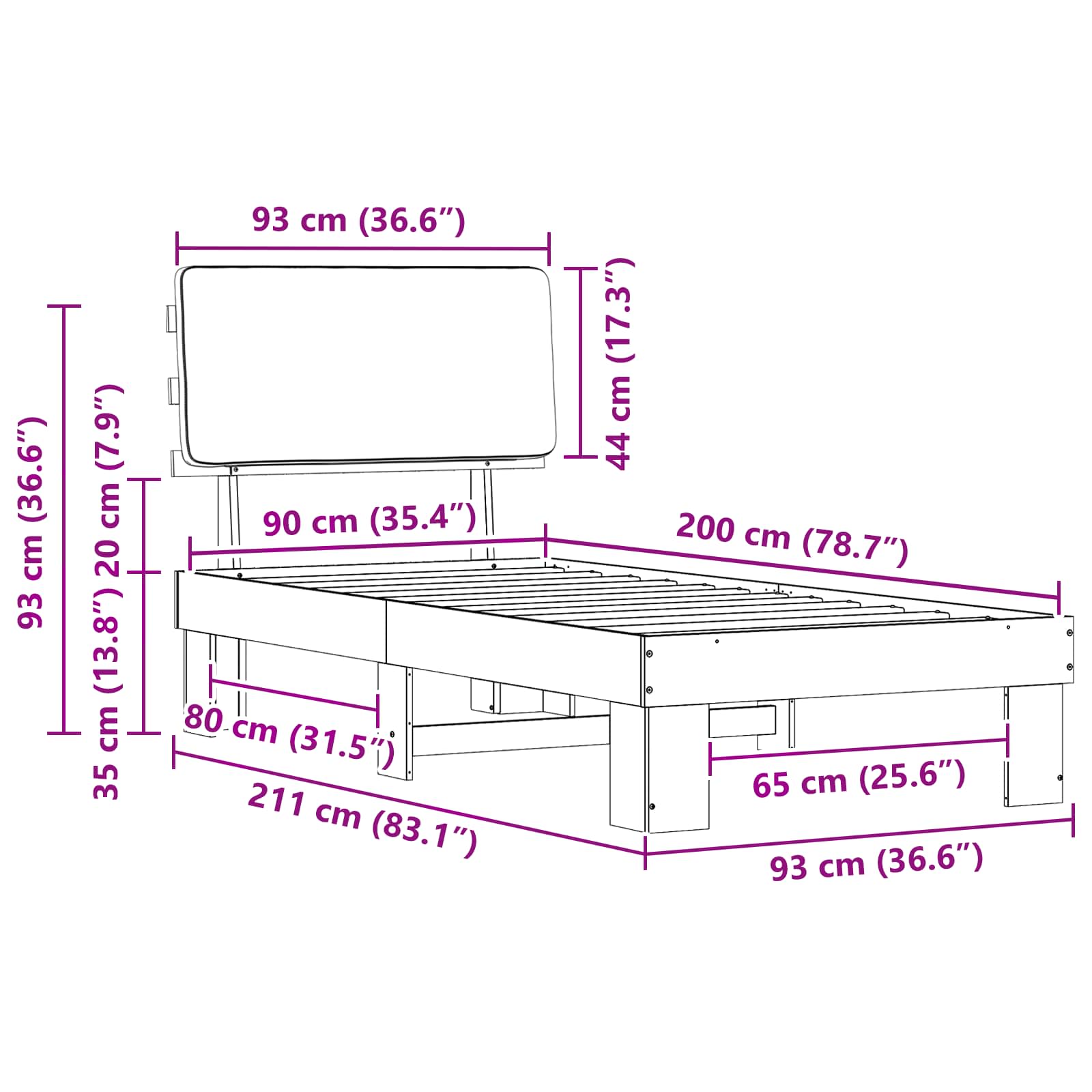 Sängram med Klädd Huvudgavel Mörkgrå 90 x 200 cm Massiv furu