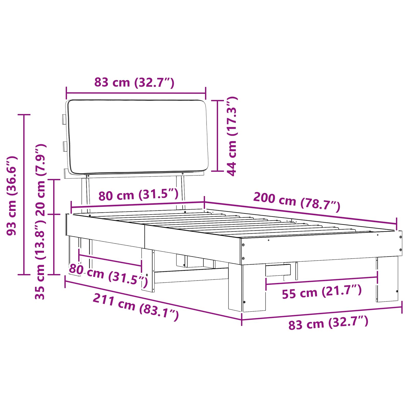 Sängram med Klädd Huvudgavel Svart 80 x 200 cm Massiv furu