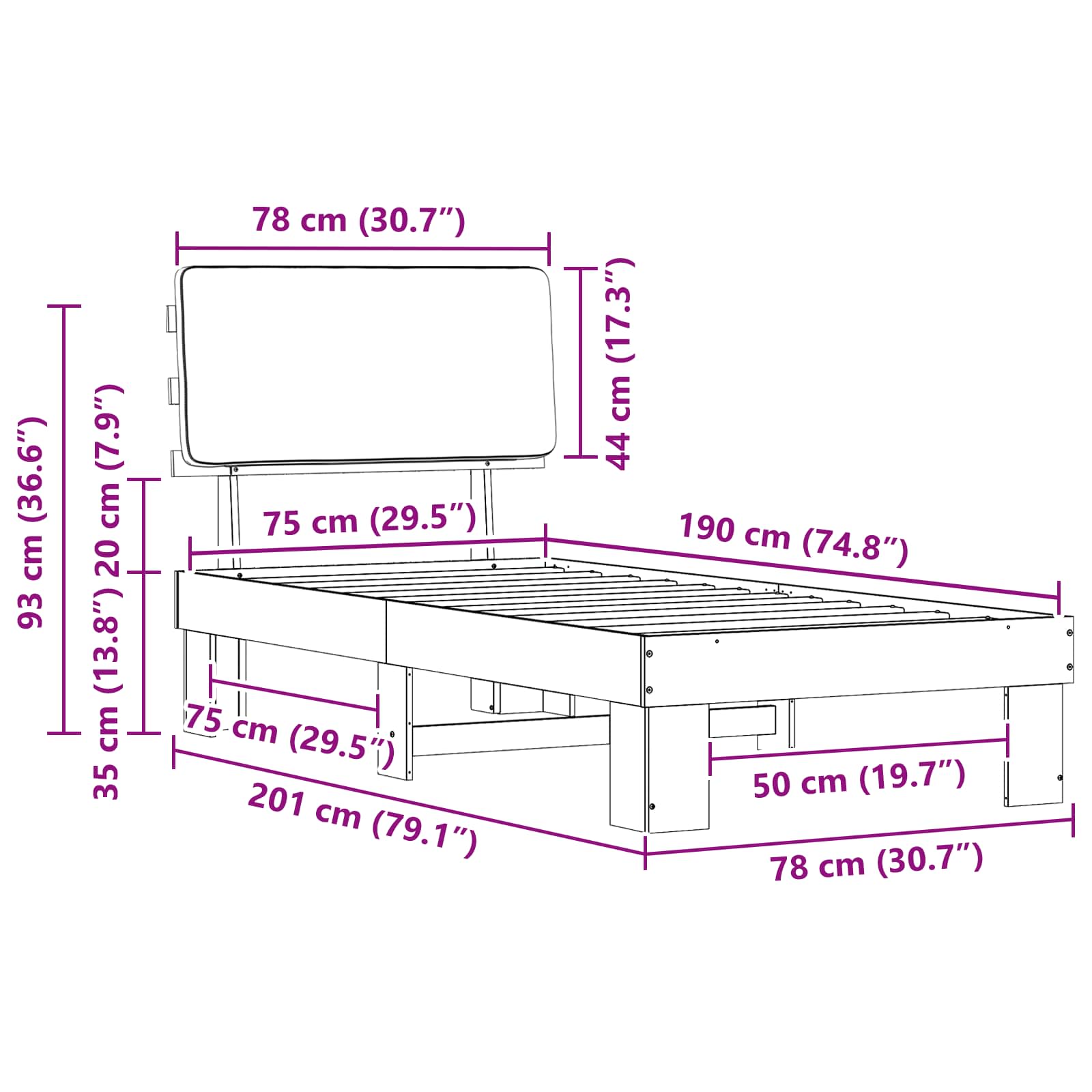 Sängram med Klädd Huvudgavel Mörkgrå 75 x 190 cm Massiv furu