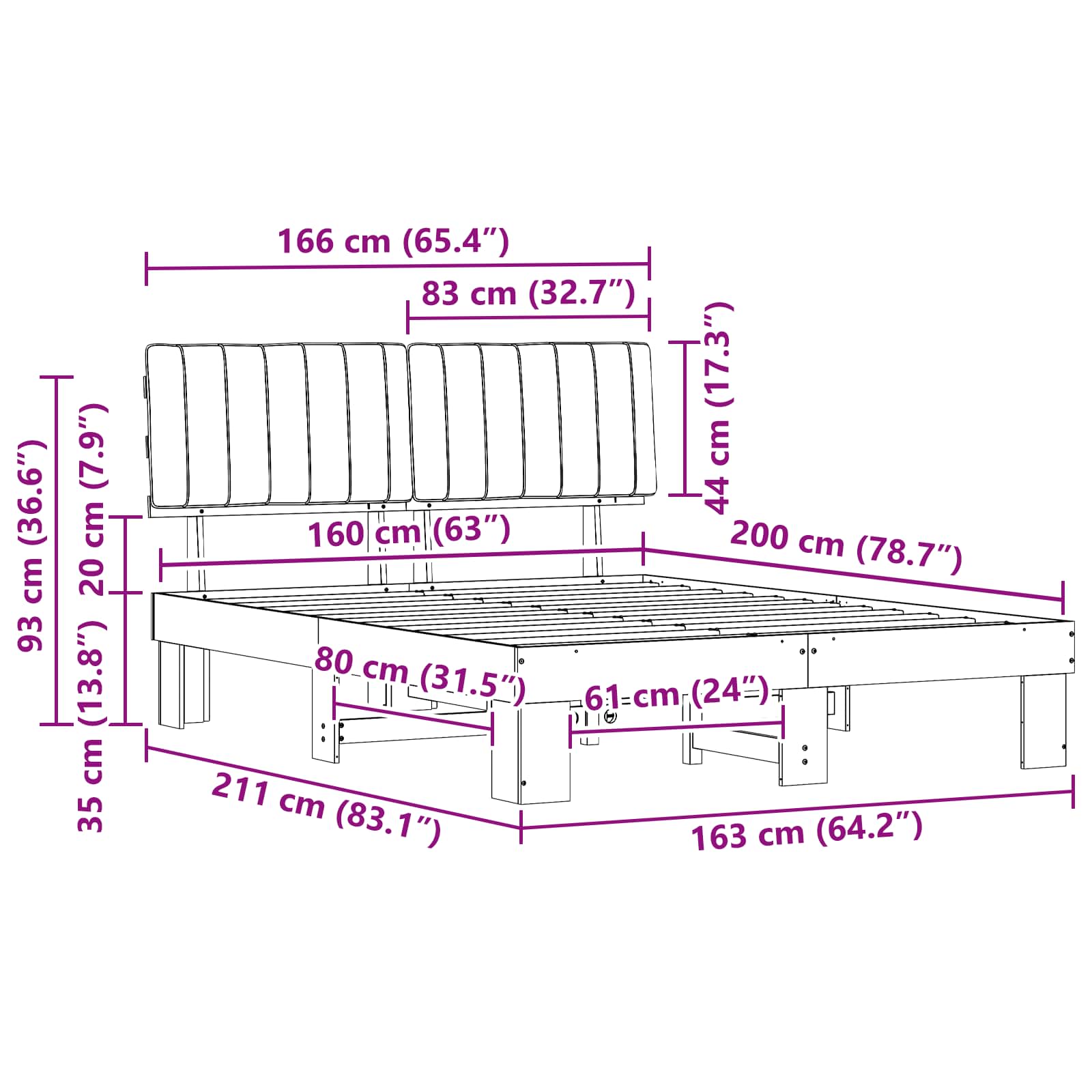 Sängram med Klädd Huvudgavel Svart 160 x 200 cm Massiv furu