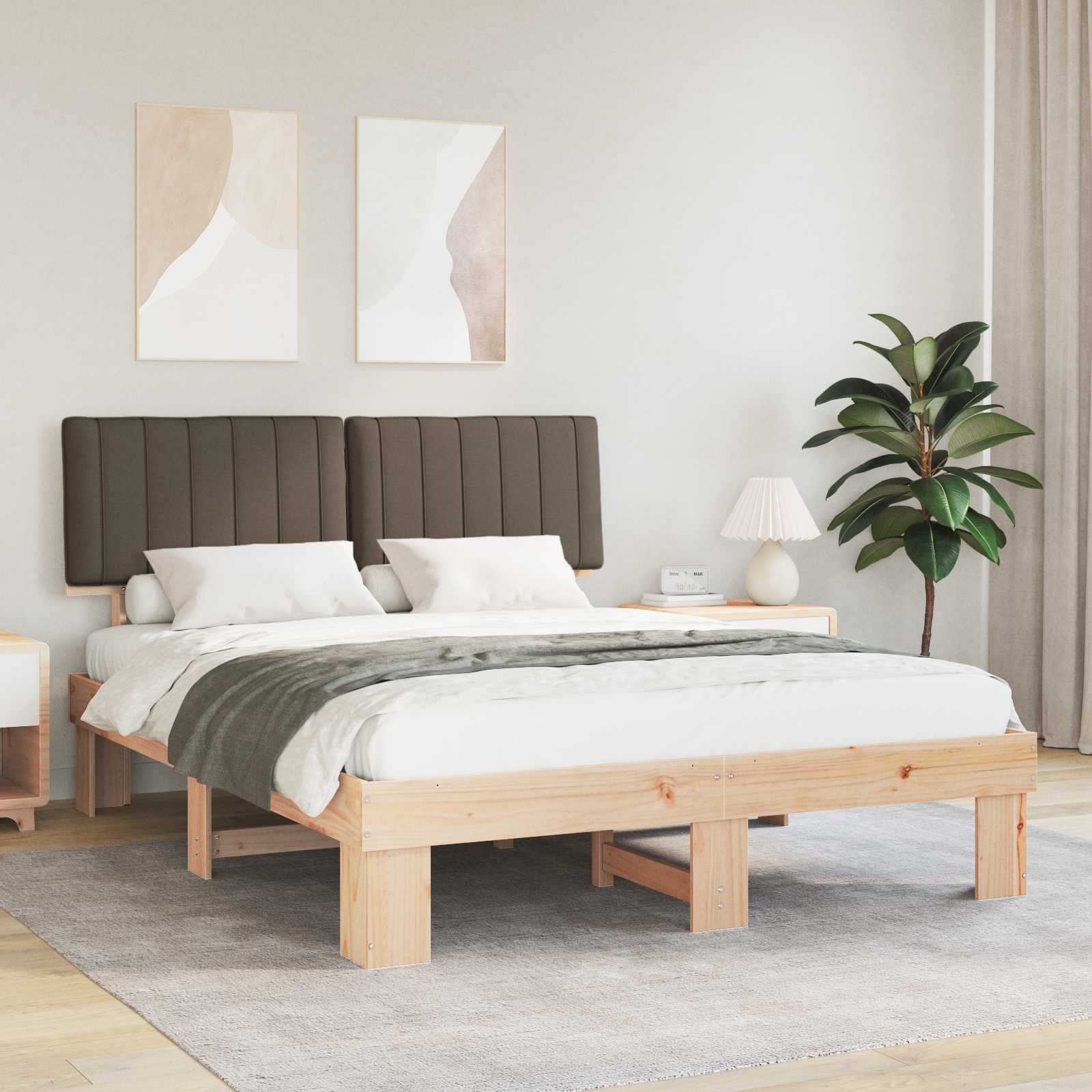Sängram med Klädd Huvudgavel Taupe 160 x 200 cm Massiv furu