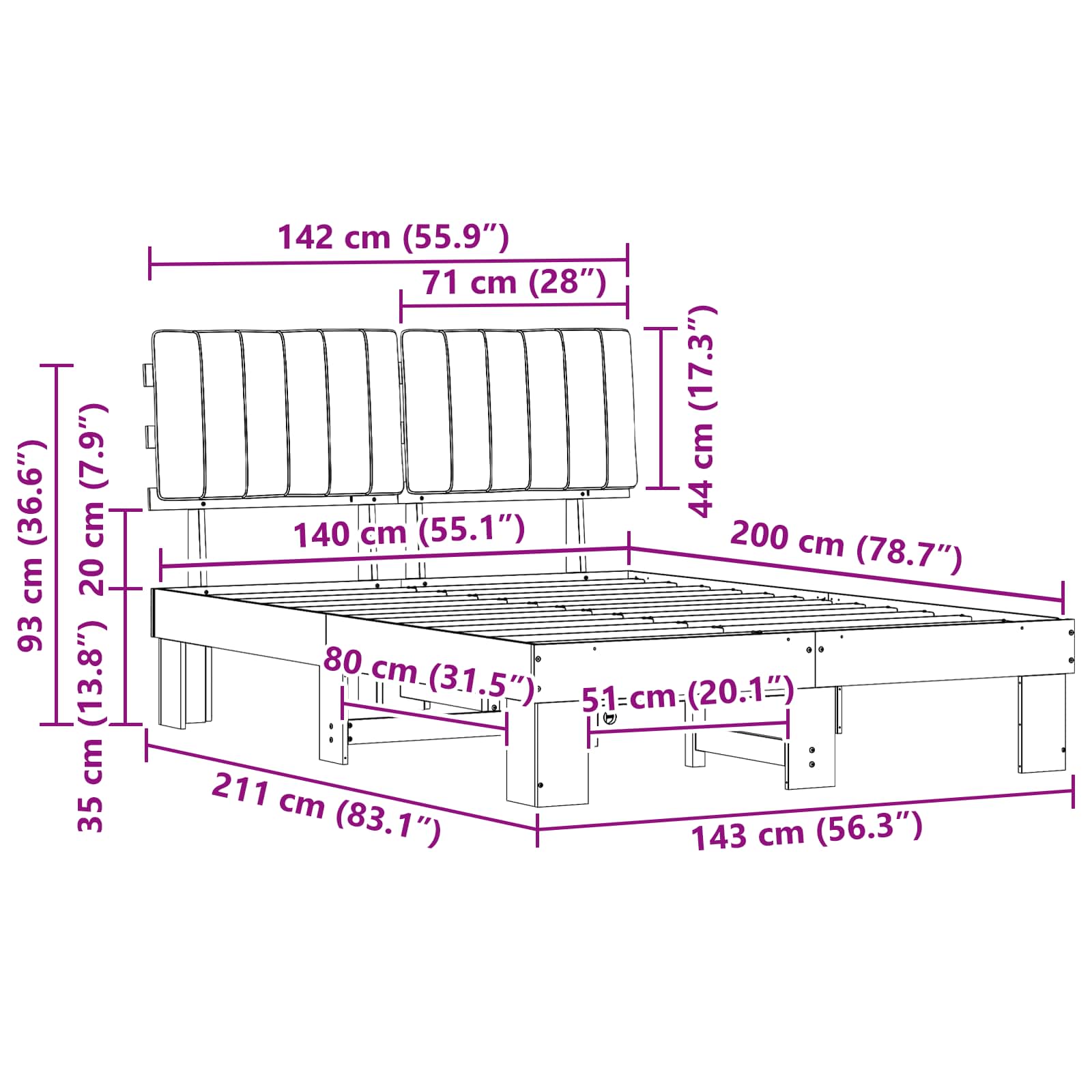 Sängram med Klädd Huvudgavel Ljusgrå 140 x 200 cm Massiv furu