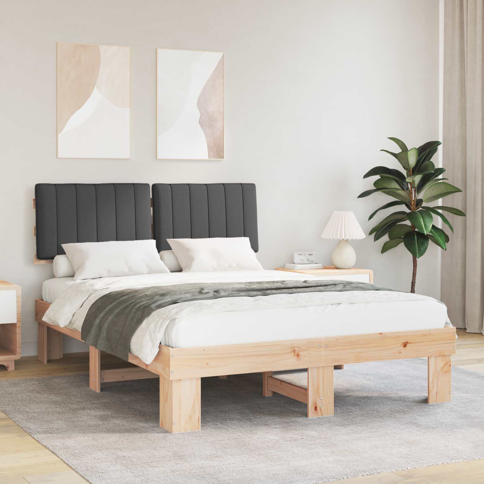 Sängram med Klädd Huvudgavel Mörkgrå 140 x 200 cm Massiv furu