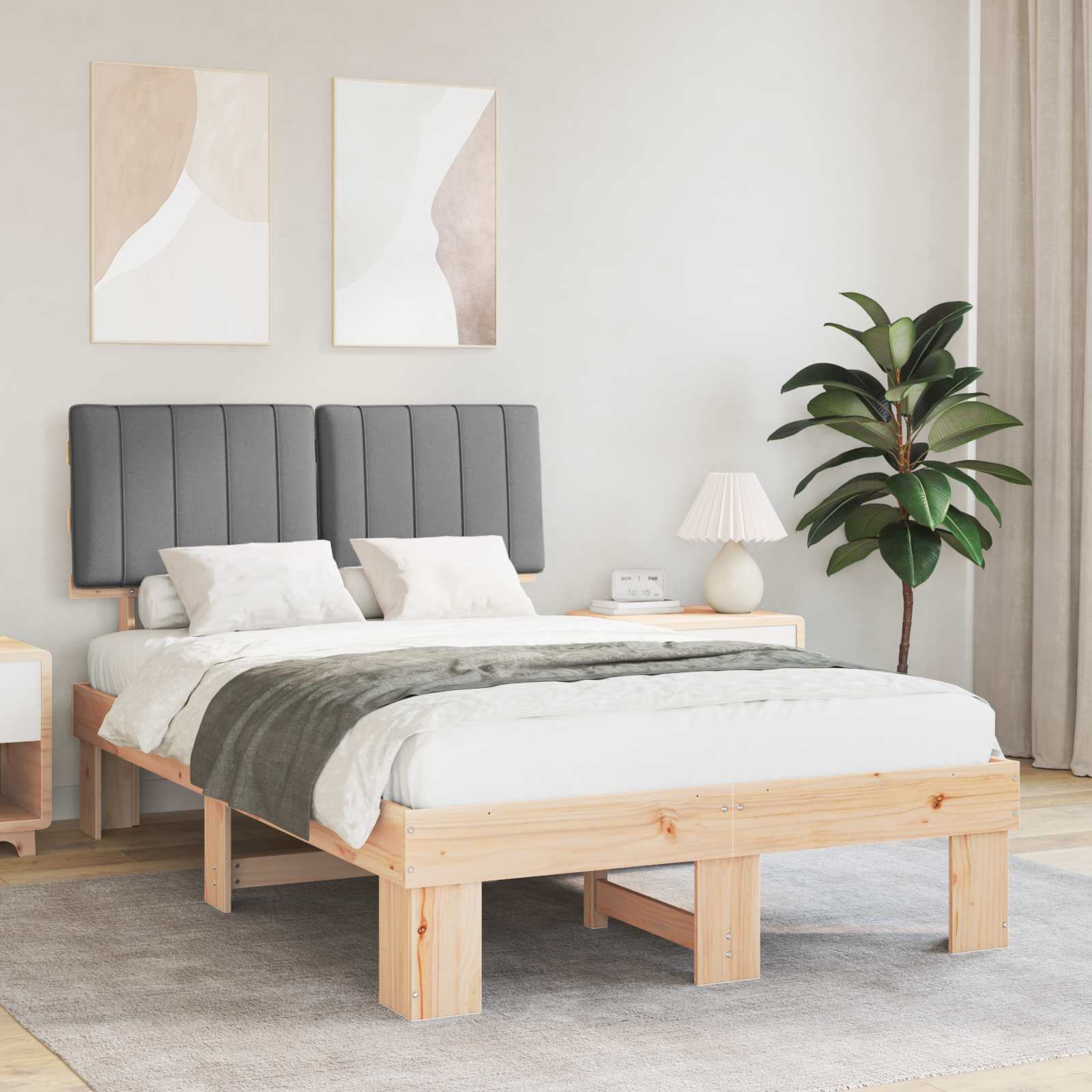 Sängram med Klädd Huvudgavel Ljusgrå 120 x 190 cm Massiv furu