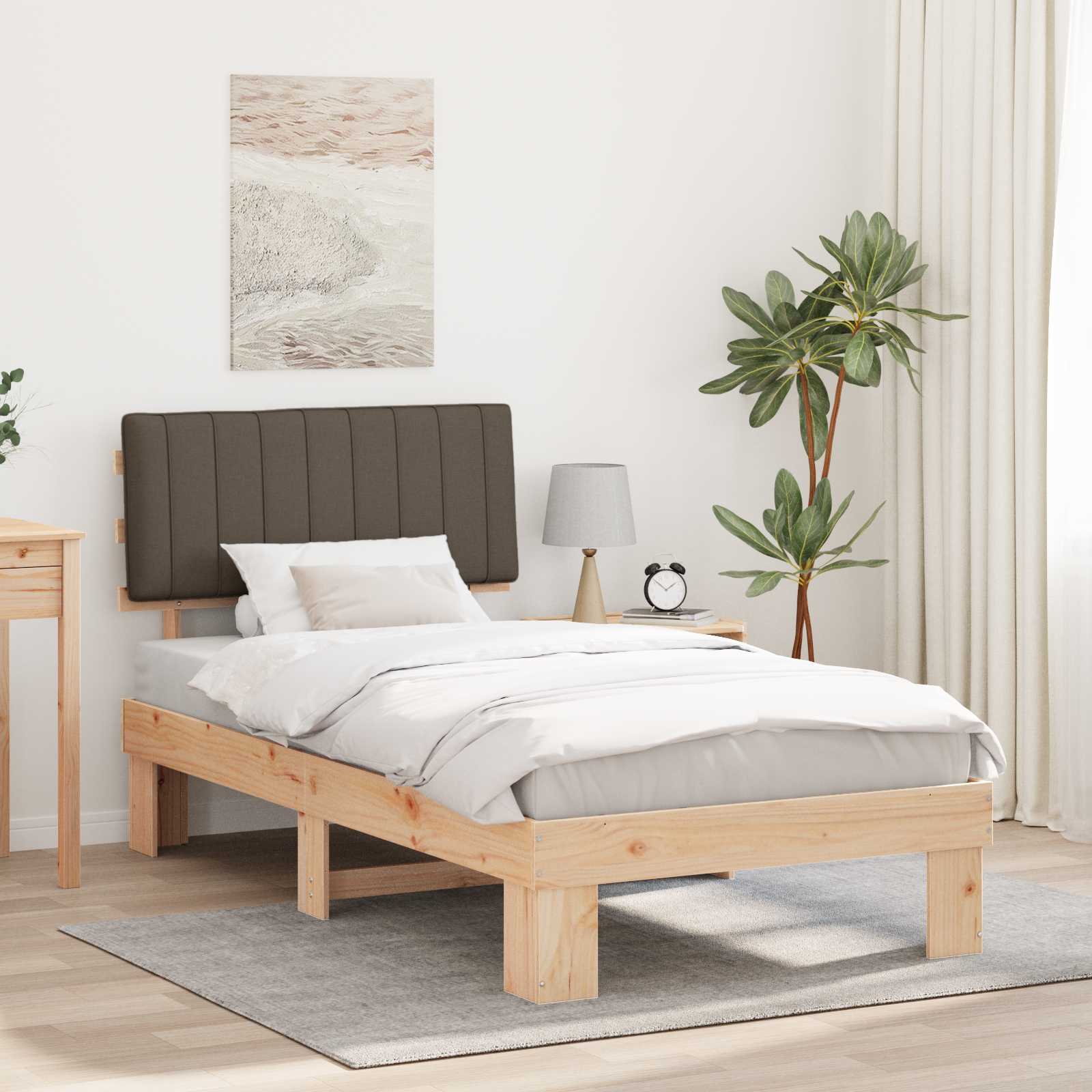 Sängram med Klädd Huvudgavel Taupe 100 x 200 cm Massiv furu