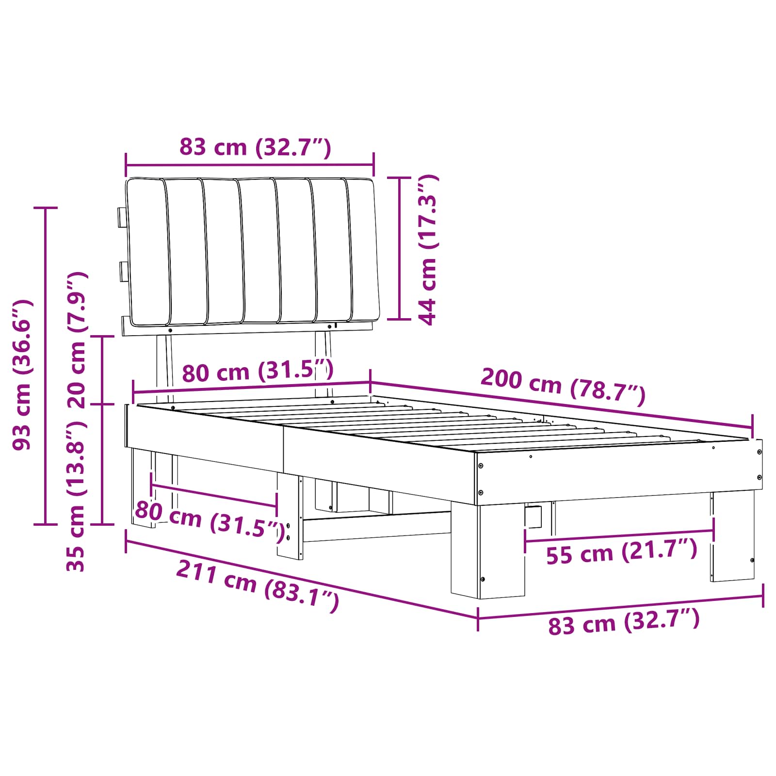 Sängram med Klädd Huvudgavel Ljusgrå 80 x 200 cm Massiv furu