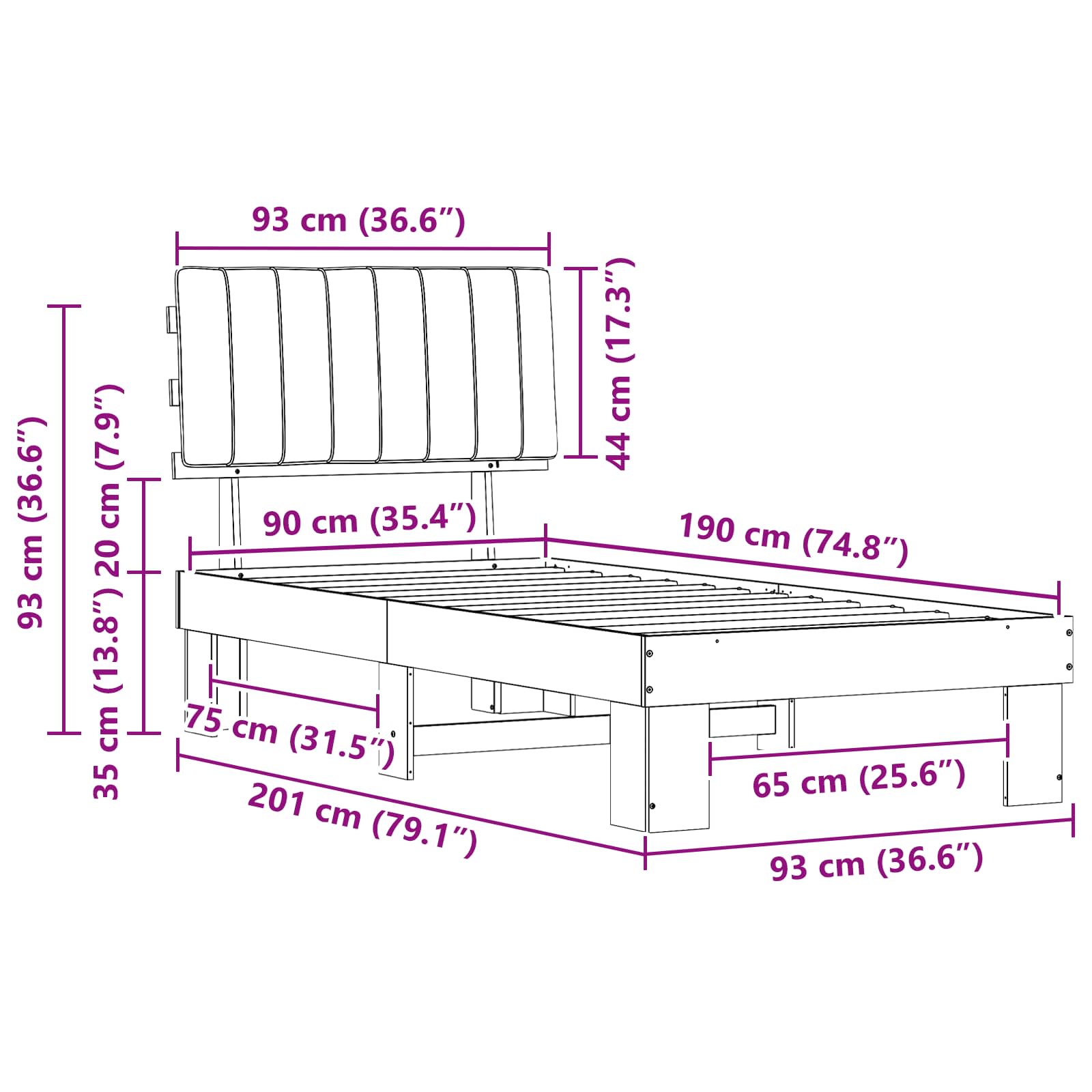 Sängram med Klädd Huvudgavel Ljusgrå 90 x 190 cm Massiv furu