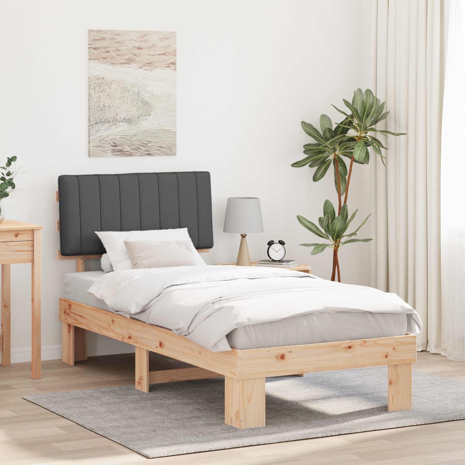 Sängram med Klädd Huvudgavel Mörkgrå 90 x 190 cm Massiv furu
