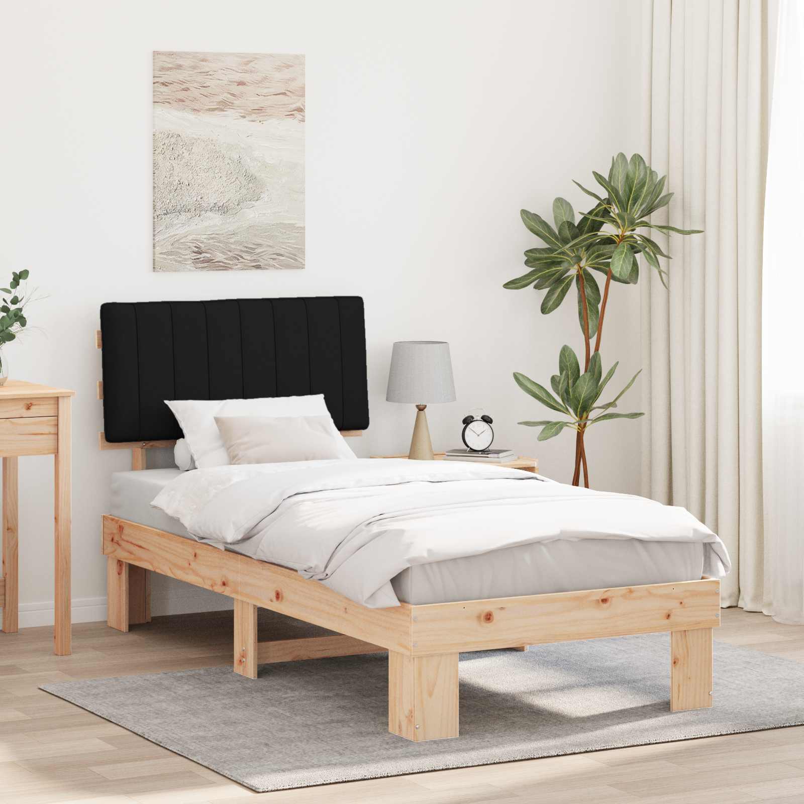 Sängram med Klädd Huvudgavel Svart 90 x 190 cm Massiv furu