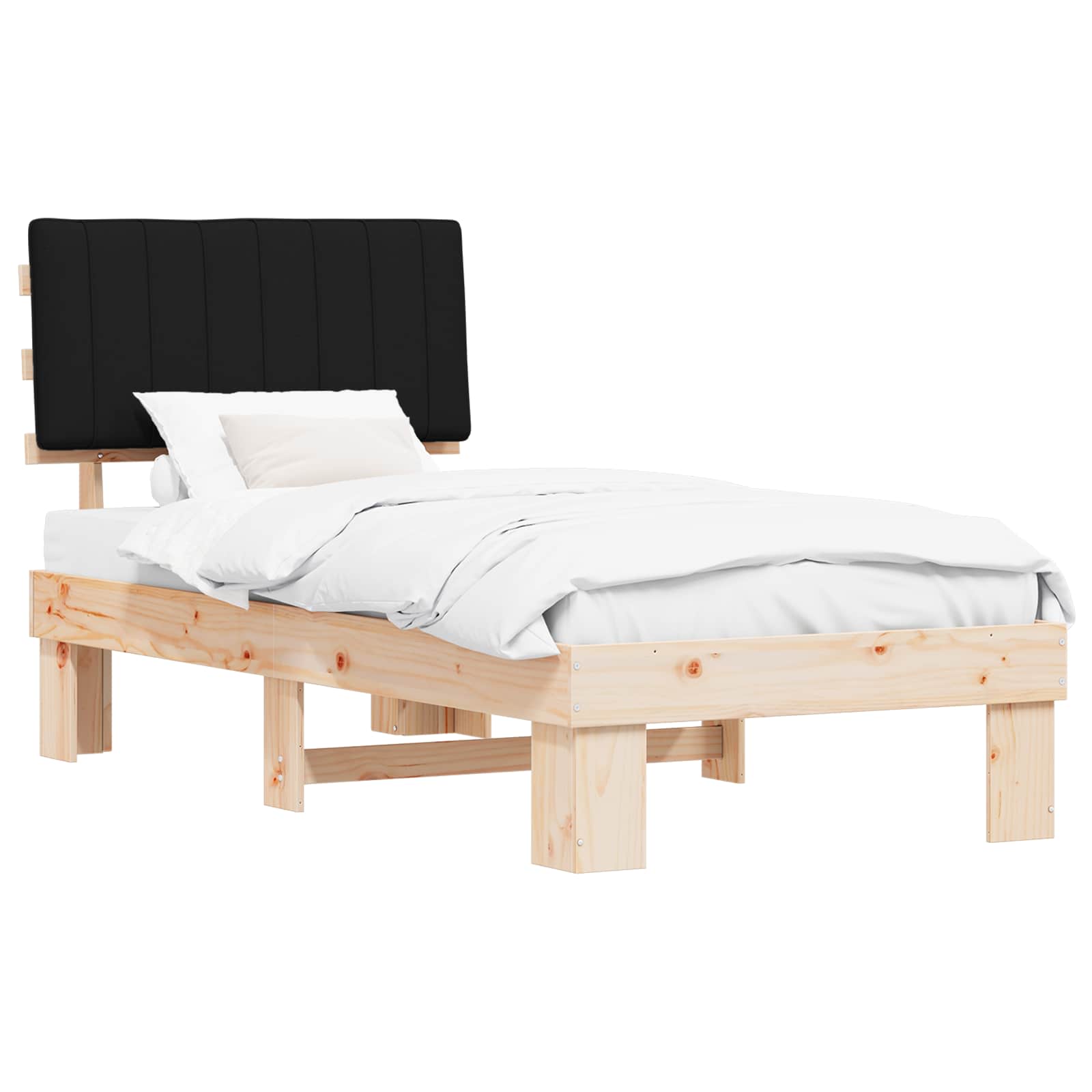 Sängram med Klädd Huvudgavel Svart 90 x 190 cm Massiv furu