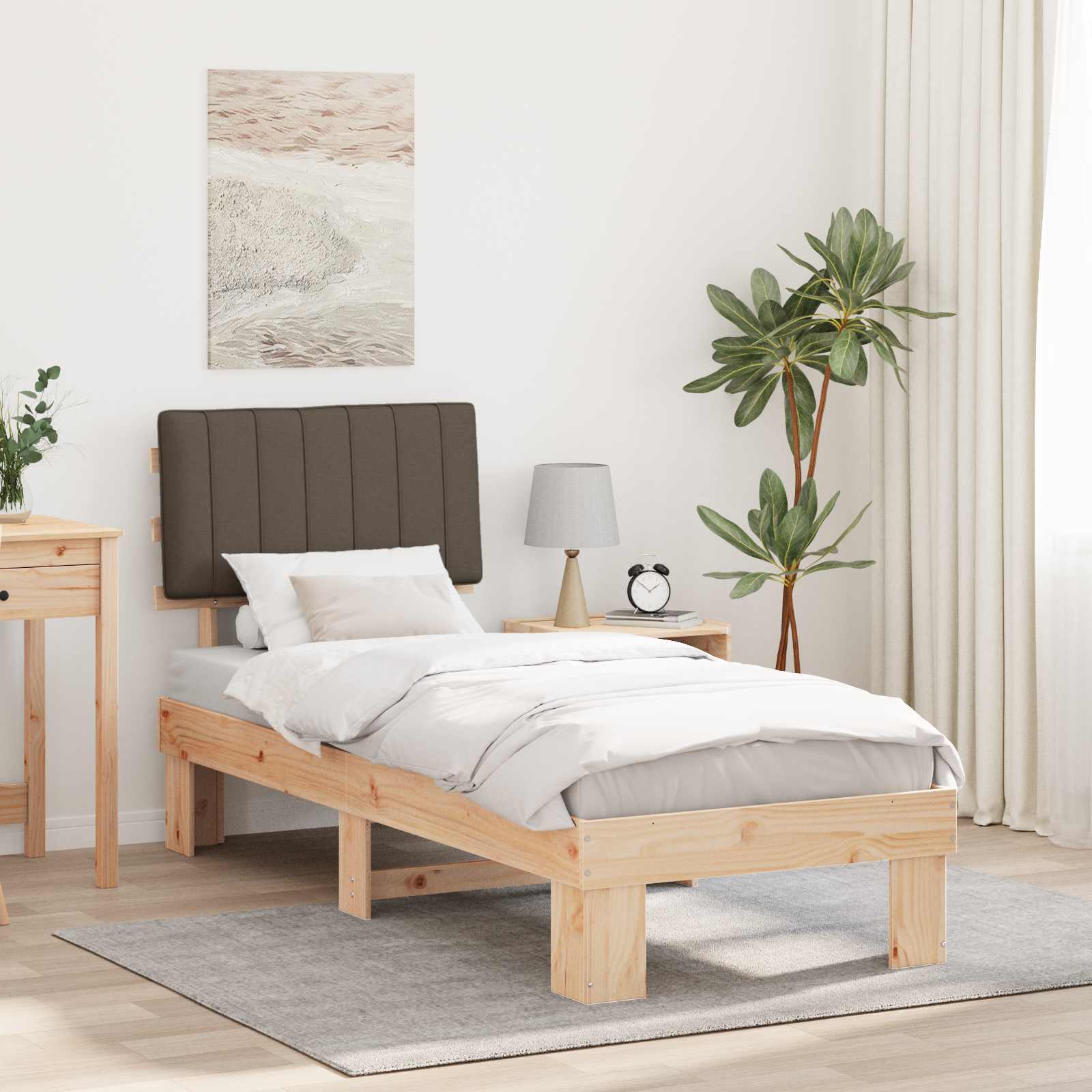 Sängram med Klädd Huvudgavel Taupe 75 x 190 cm Massiv furu