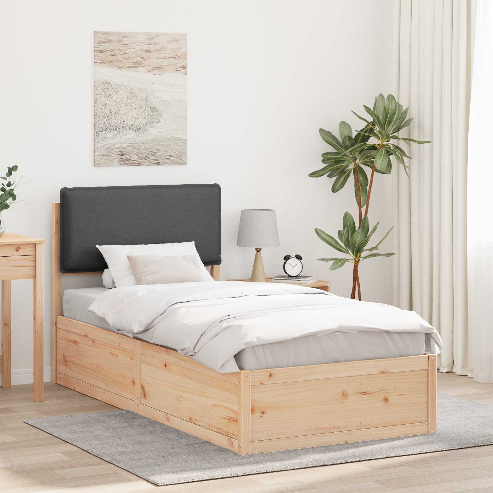 Sängram med Klädd Huvudgavel Mörkgrå 90 x 190 cm Massiv furu