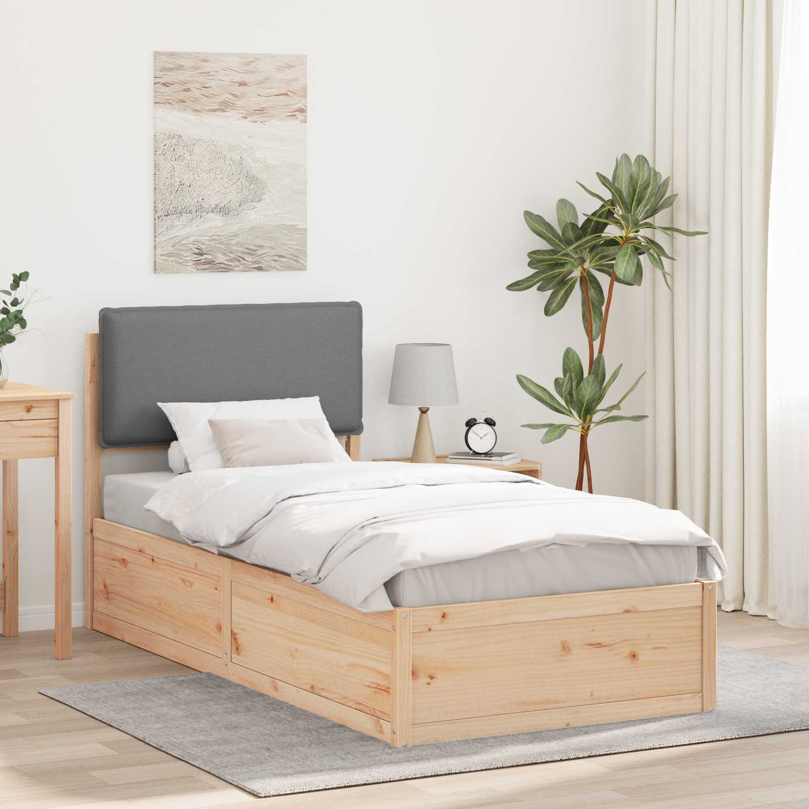 Sängram med Klädd Huvudgavel Ljusgrå 75 x 190 cm Massiv furu