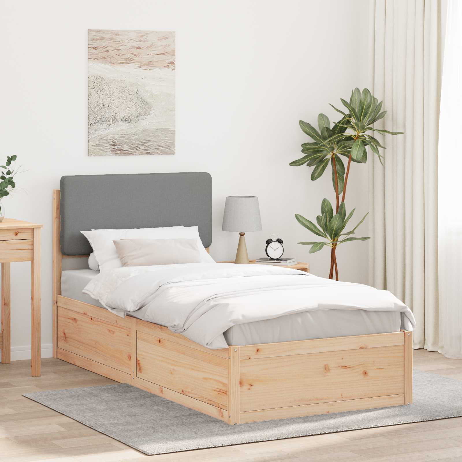 Sängram med Klädd Huvudgavel Ljusgrå 100 x 200 cm Massiv furu