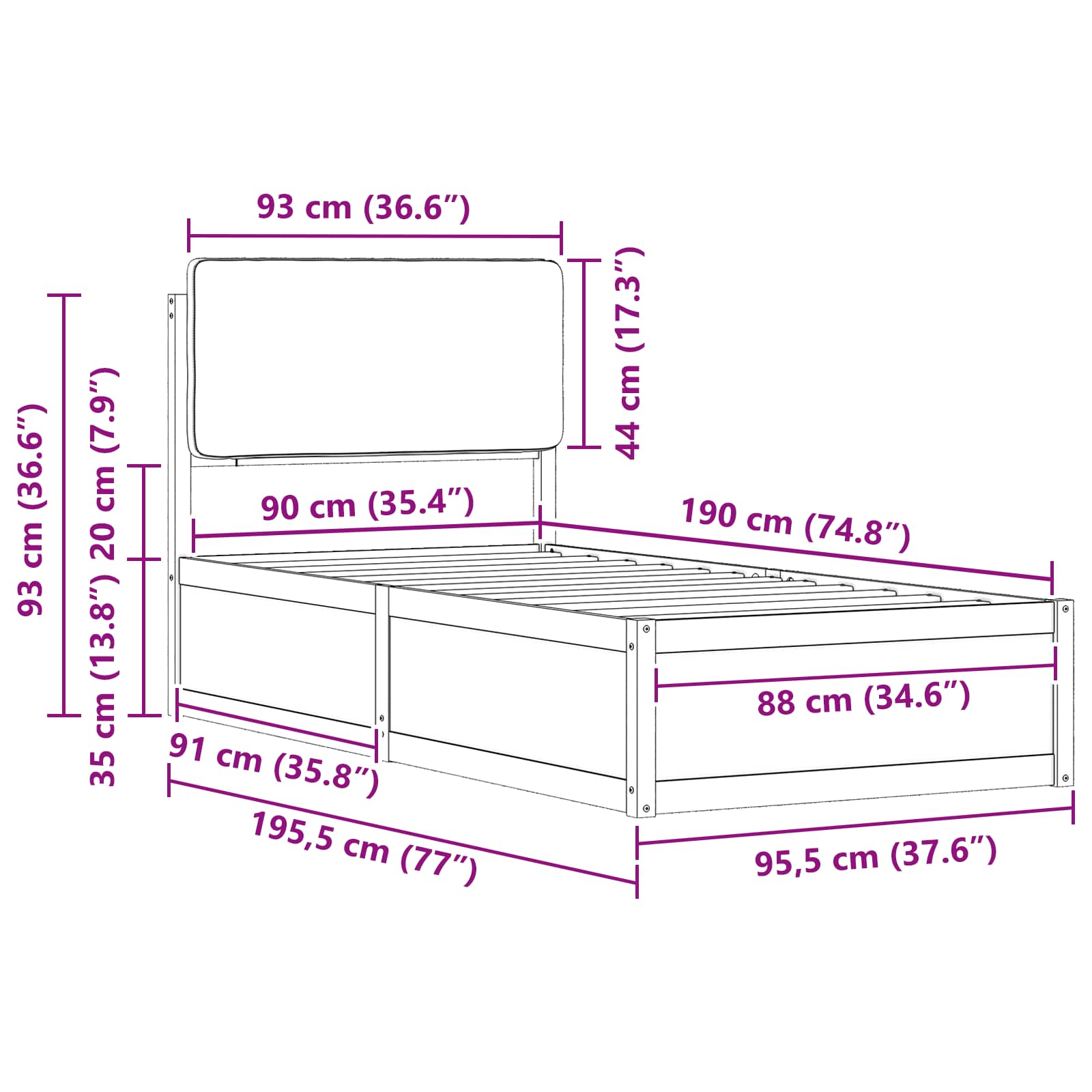 Sängram med Klädd Huvudgavel Ljusgrå 90 x 190 cm Massiv furu