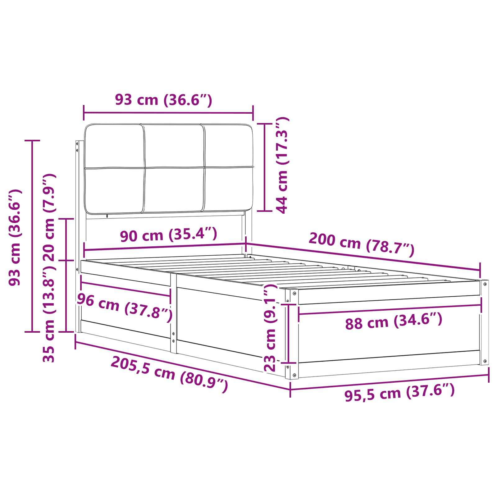 Sängram med Klädd Huvudgavel Svart 90 x 200 cm Massiv furu