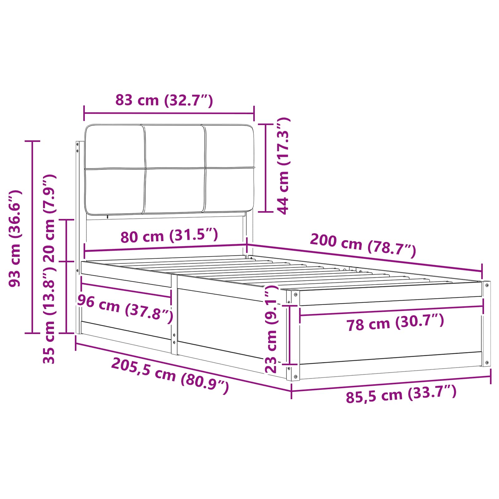 Sängram med Klädd Huvudgavel Taupe 80 x 200 cm Massiv furu