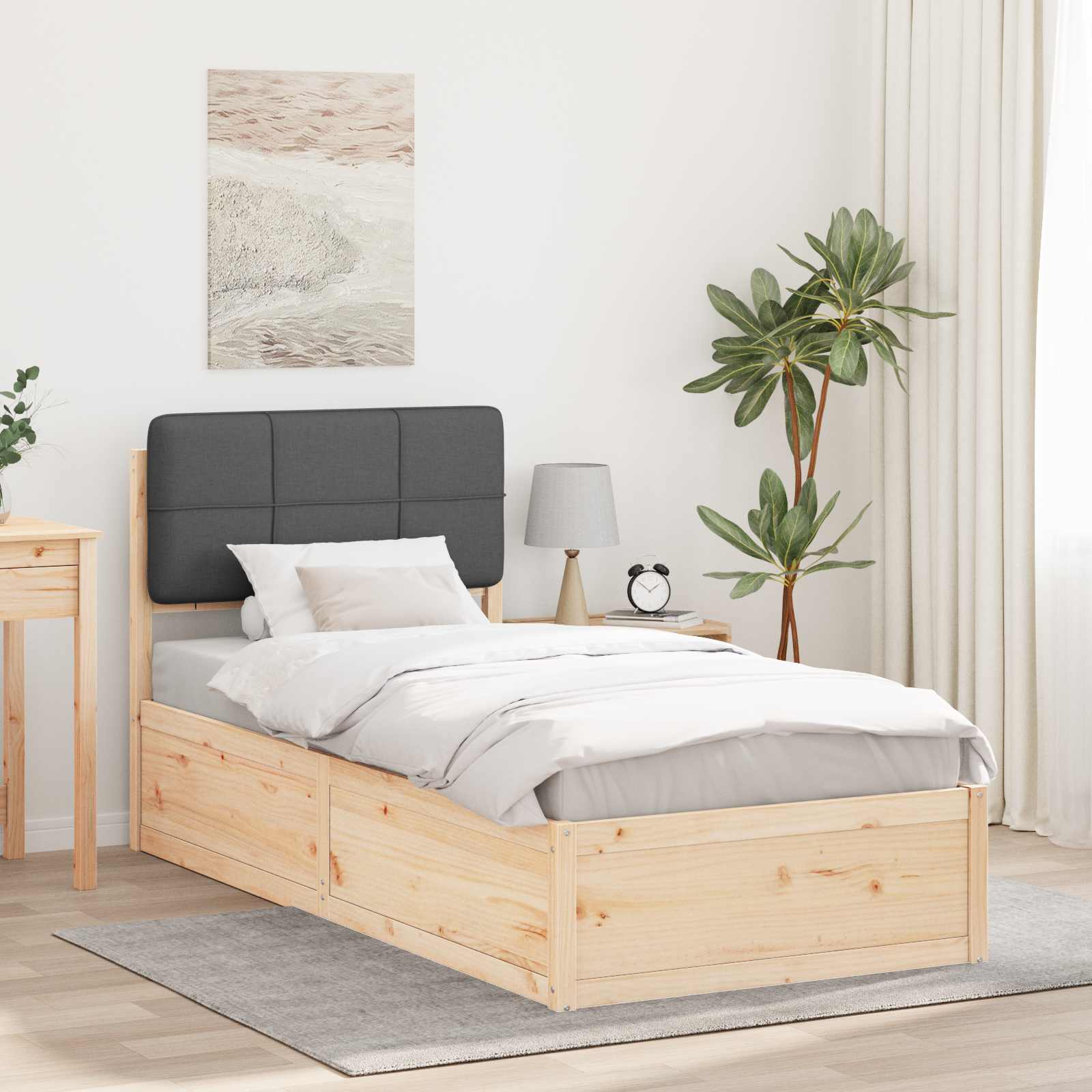 Sängram med Klädd Huvudgavel Mörkgrå 90 x 190 cm Massiv furu