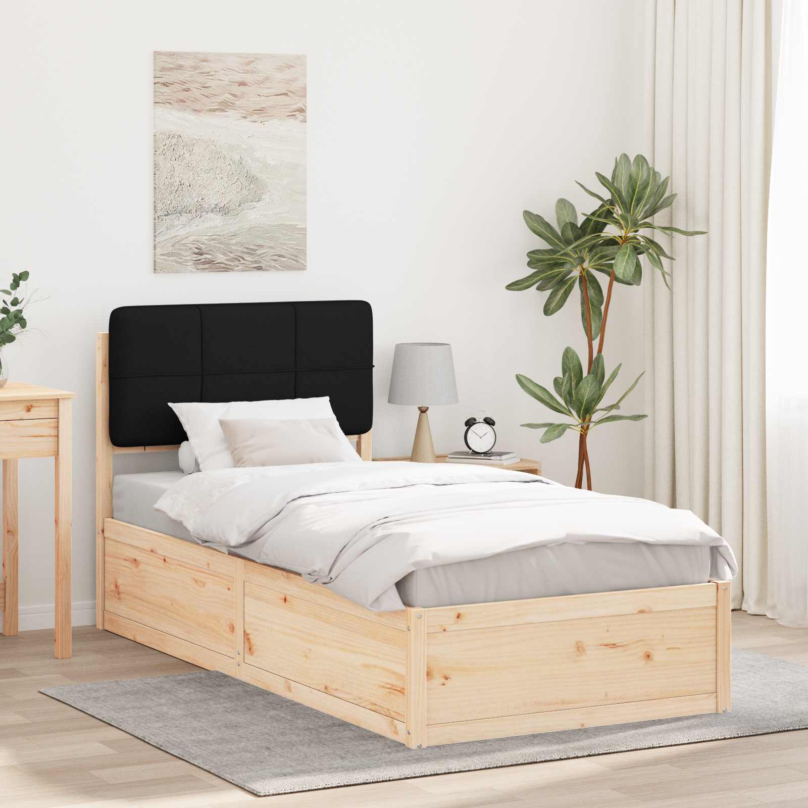 Sängram med Klädd Huvudgavel Svart 90 x 190 cm Massiv furu