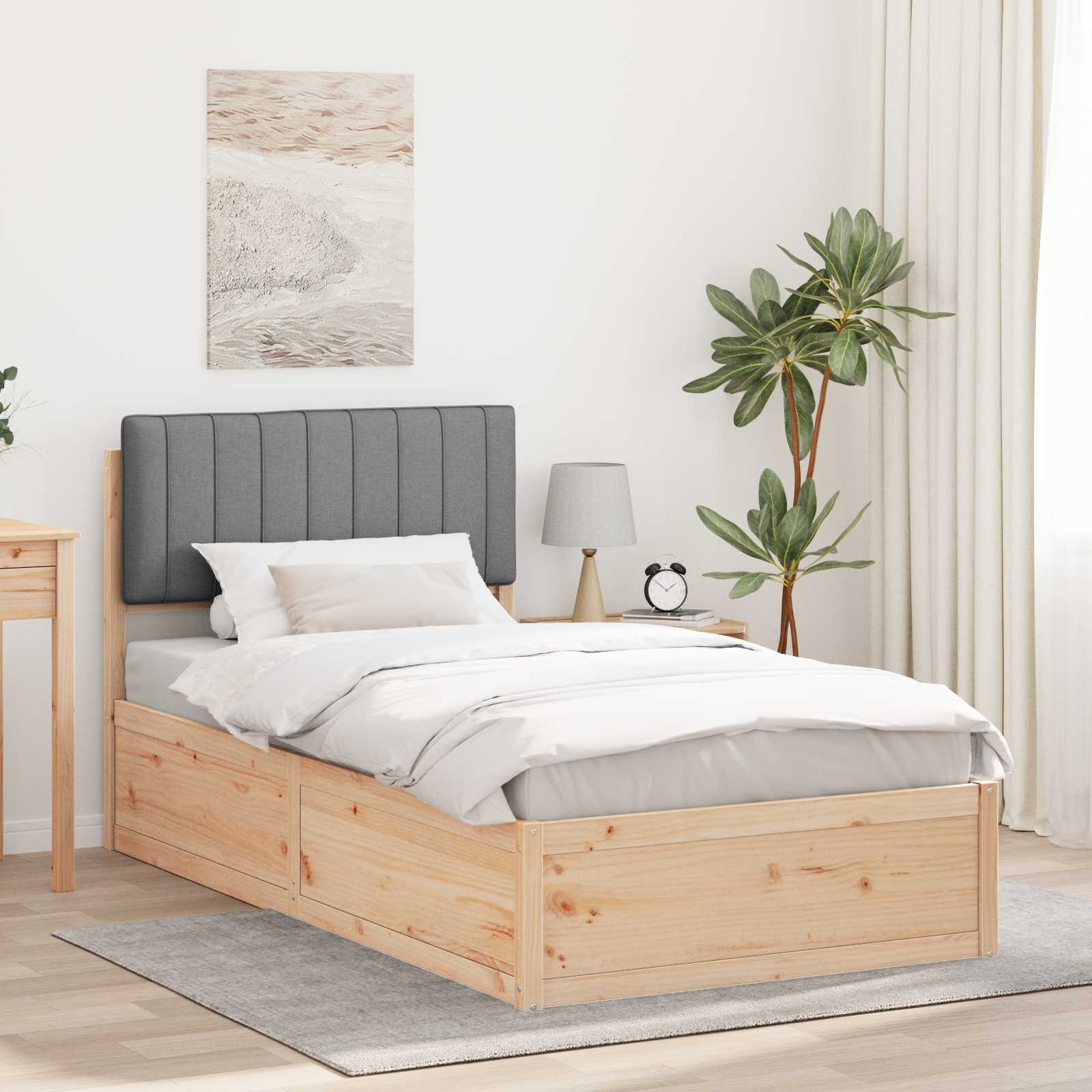 Sängram med Klädd Huvudgavel Ljusgrå 100 x 200 cm Massiv furu