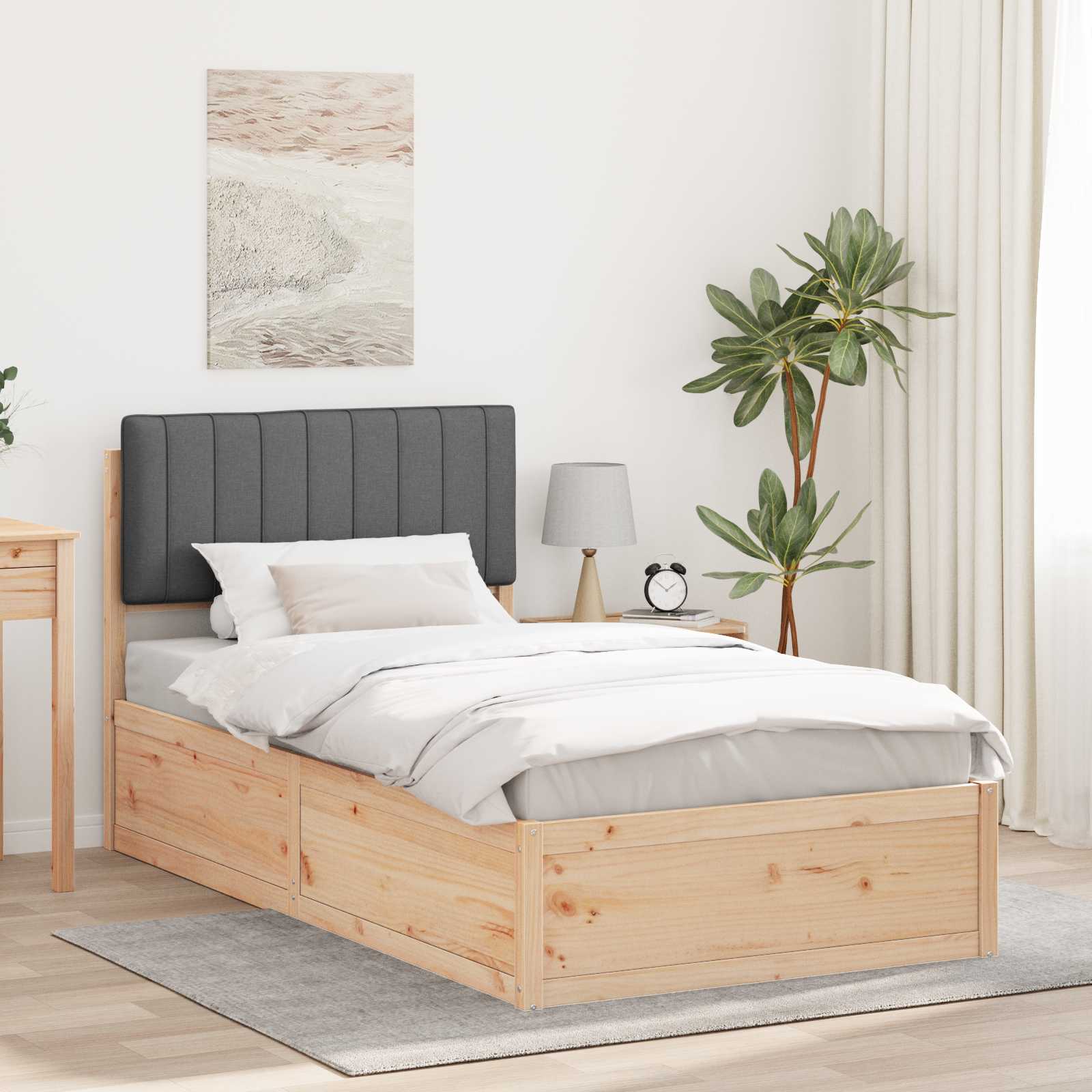 Sängram med Klädd Huvudgavel Mörkgrå 100 x 200 cm Massiv furu